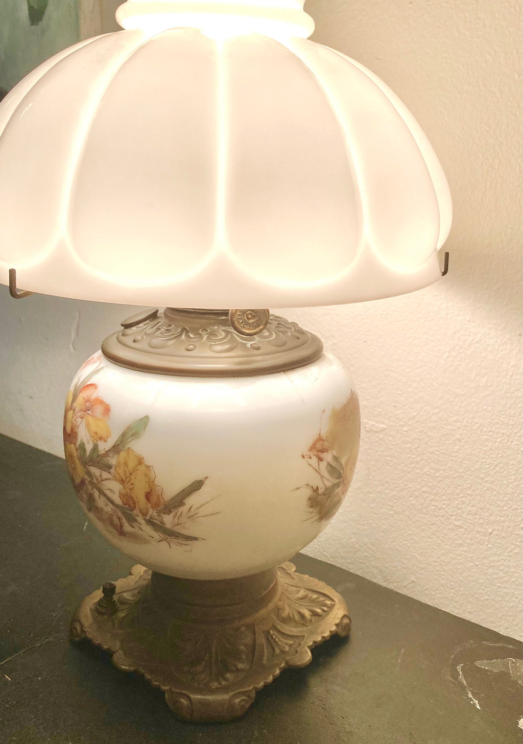 Vintage Floral Milk Glass Lamp - Converted Brass Oil Lamp