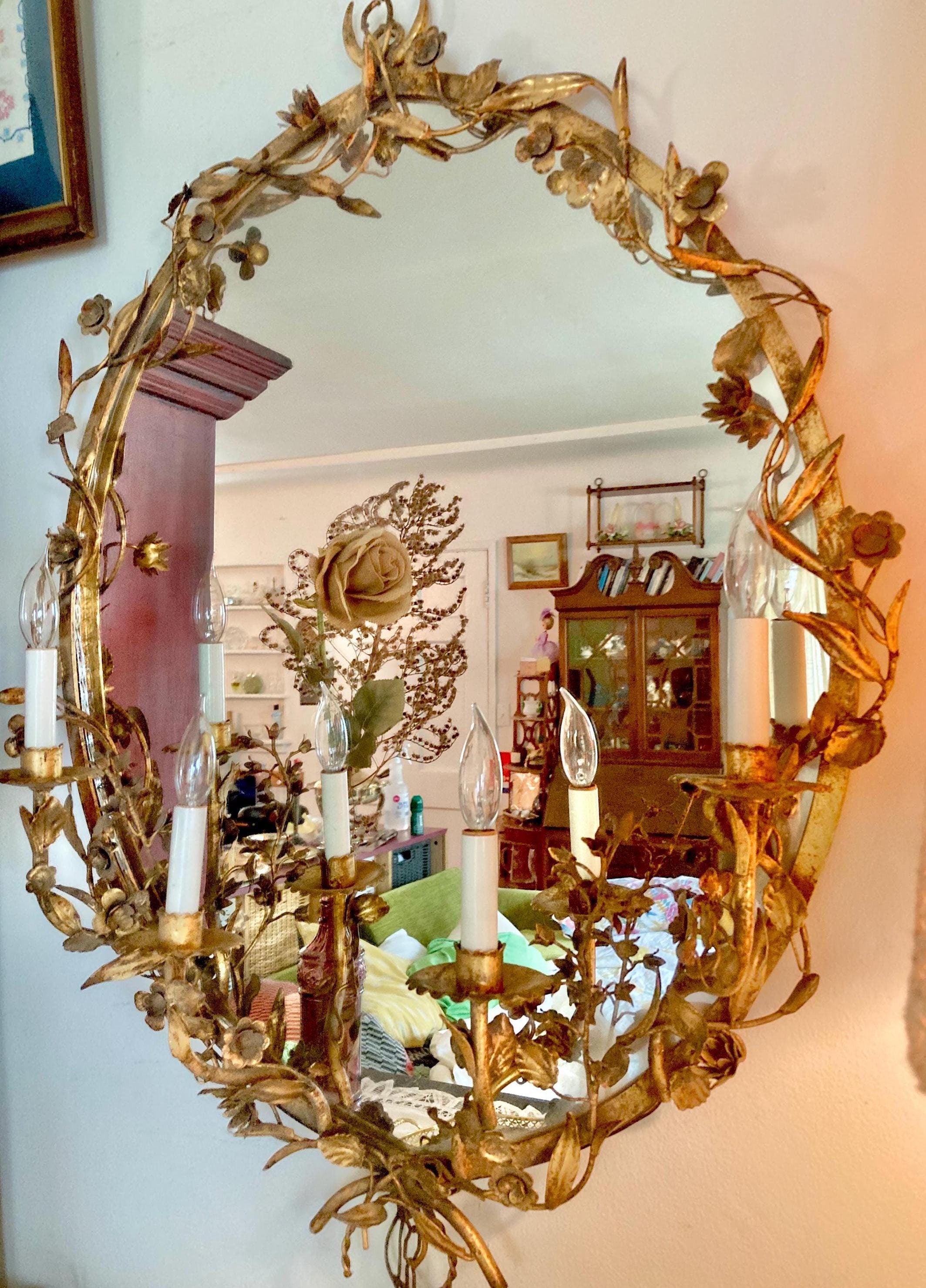 Vintage Gilt Floral Garland Framed Electric-Lighted Wall-hanging Mirror: Gold Floral Oval Frame with Four Candle Style Lamps-Ready to Hang