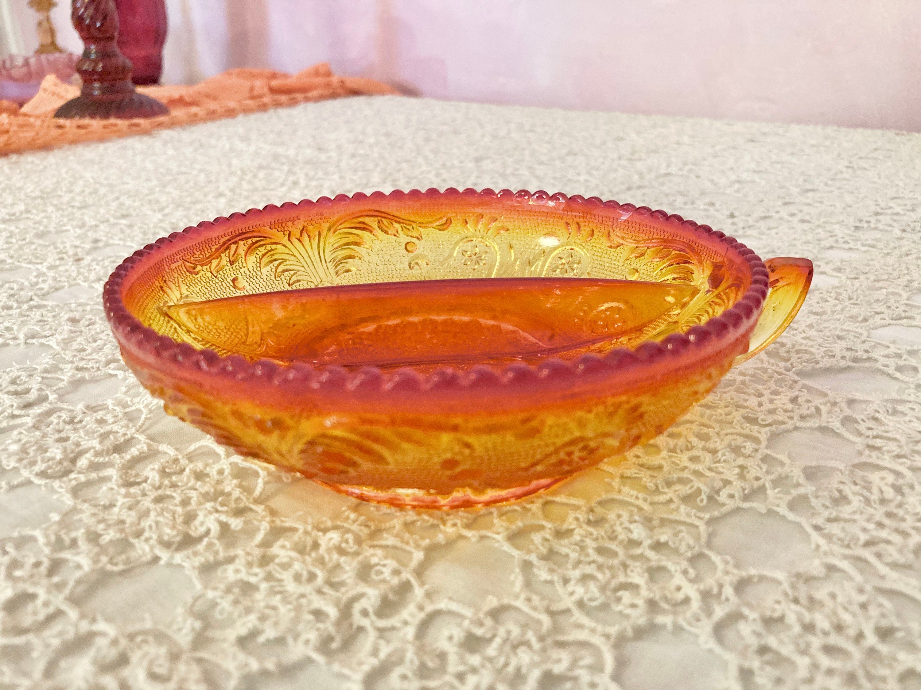 Vintage Amberina Depression Glass Divided Relish Dish with Handle, Rounded Sawtooth Edging