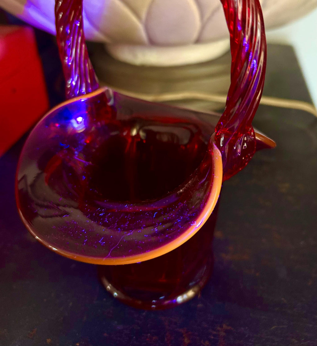 Vintage Fenton Ruby Red Glass Basket: Twisted Rope Handle, Paneled Design