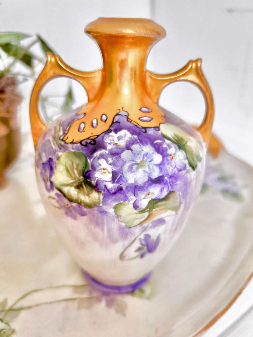 Antique Austrian Porcelain Vase with Handpainted Gold and Violets