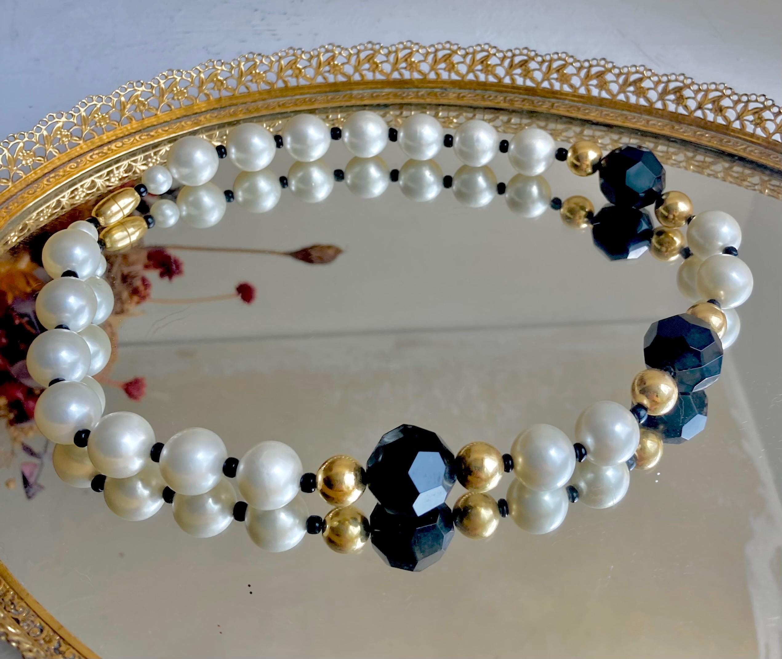 1980s AVON Beaded Necklace: Faux Pearls & Black Beads