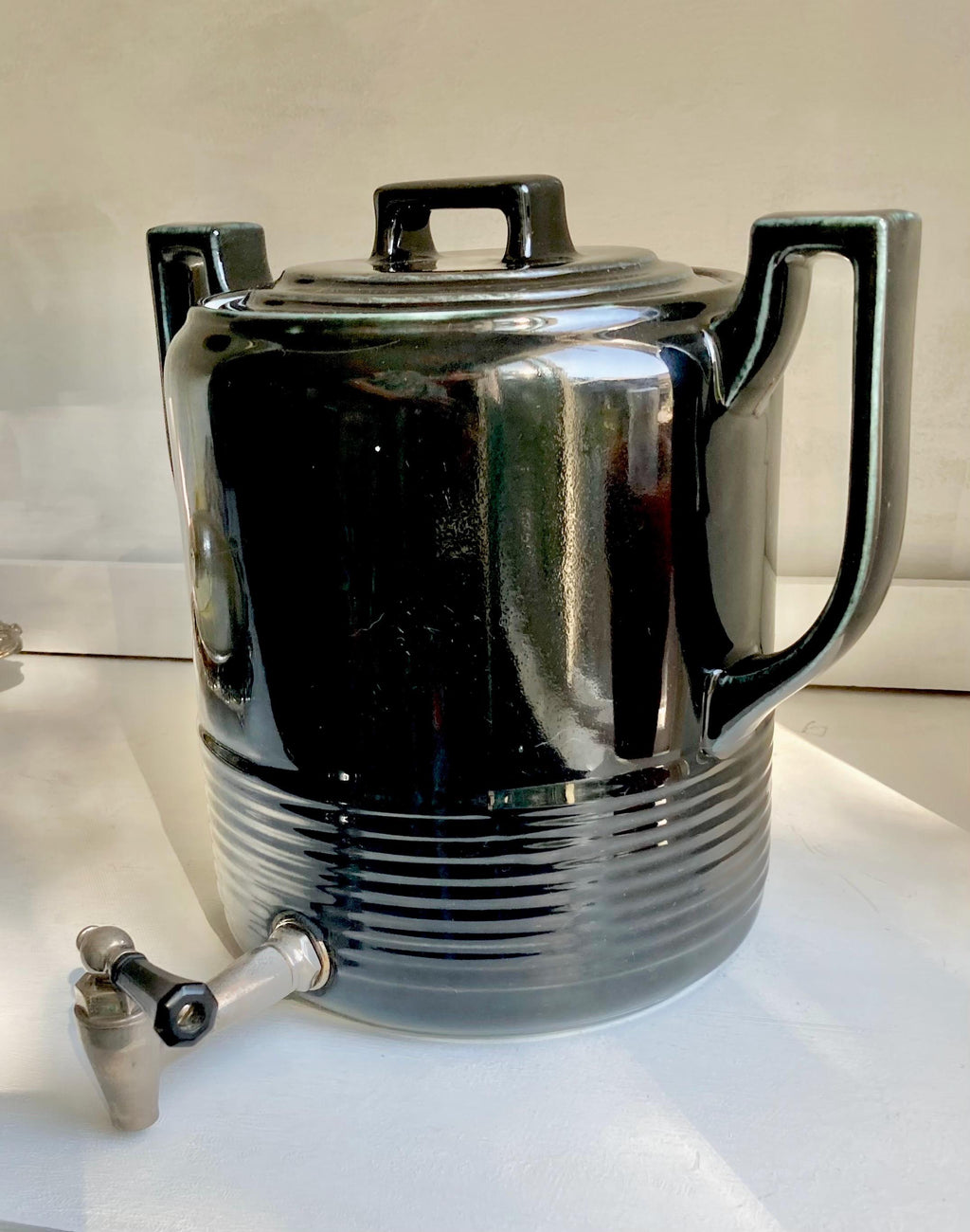 Vintage Art Deco Black Ceramic Beverage Dispenser - Hall China Co, USA