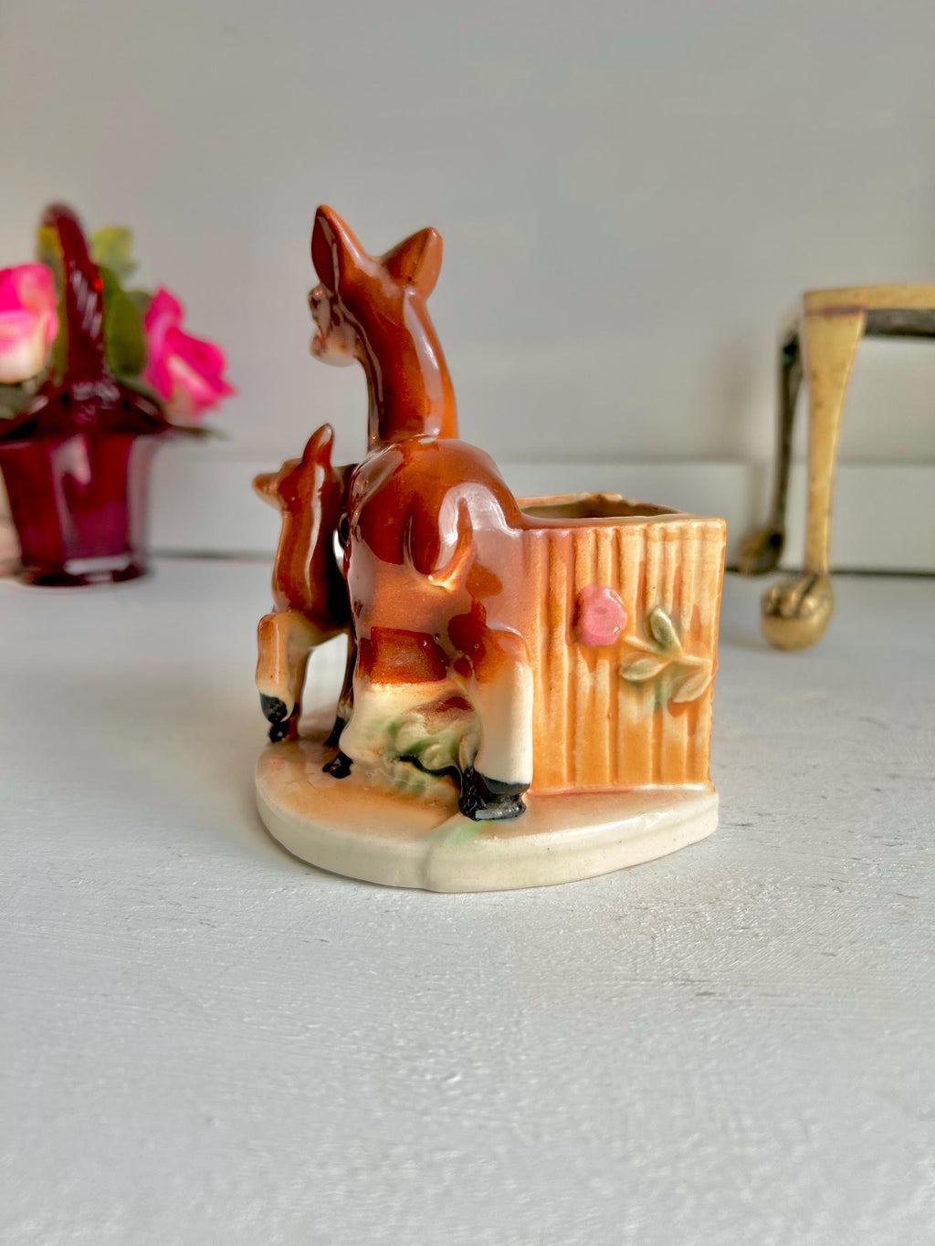 Vintage Ceramic Deer Planter: Mid-Century Doe and Fawn Flower Container