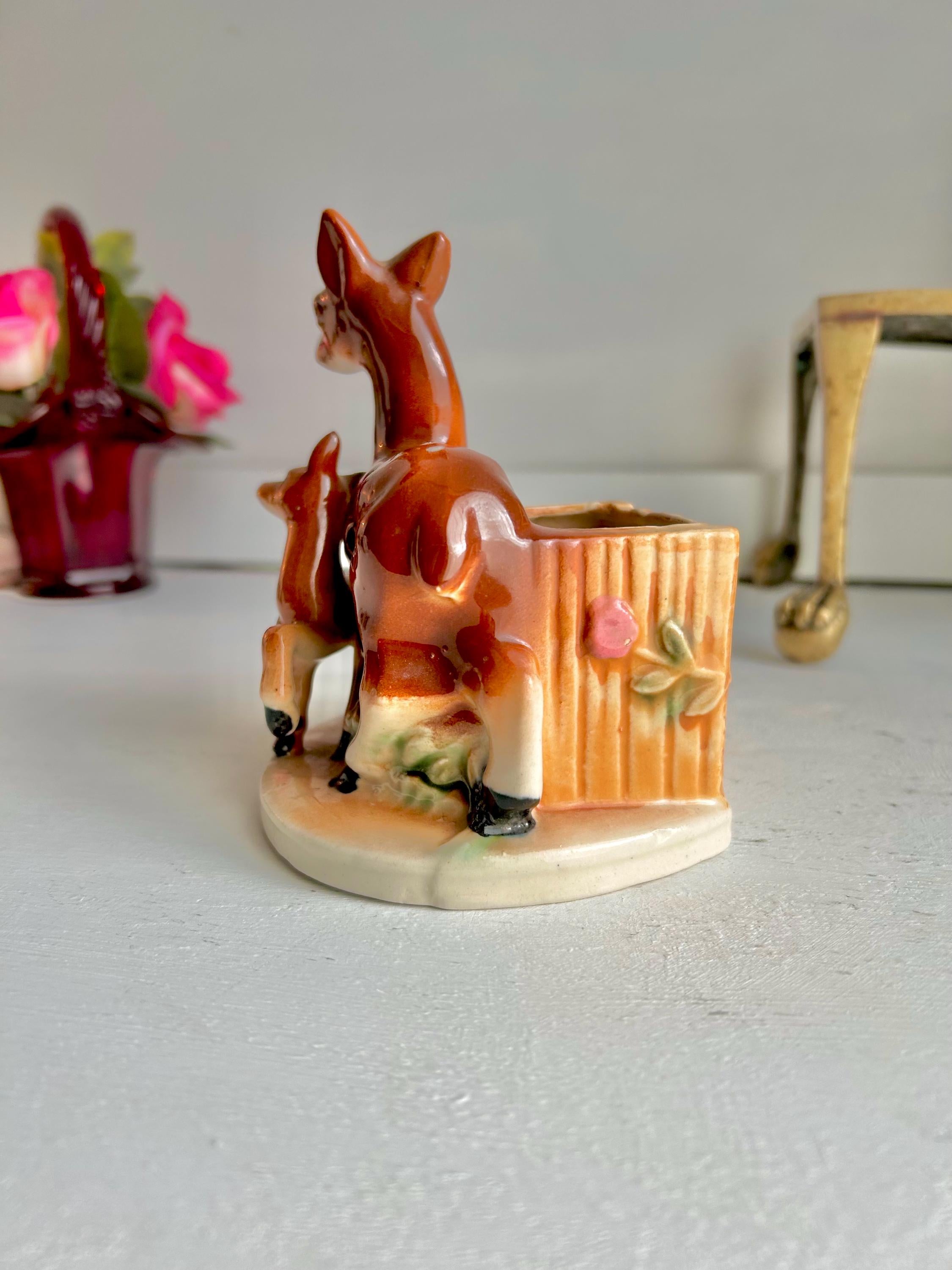 Vintage Ceramic Deer Planter: Mid-Century Doe and Fawn Flower Container