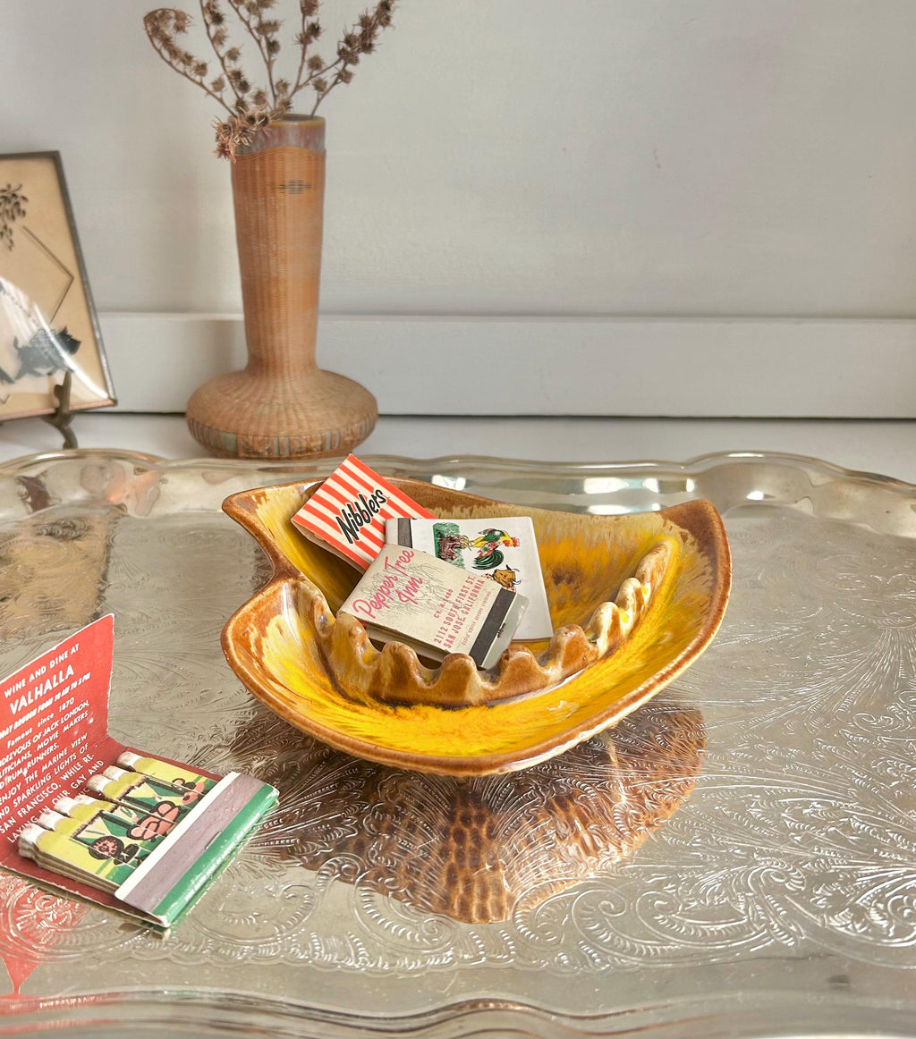 Vintage MCM Leaf Ashtray: Drip Glaze California Pottery
