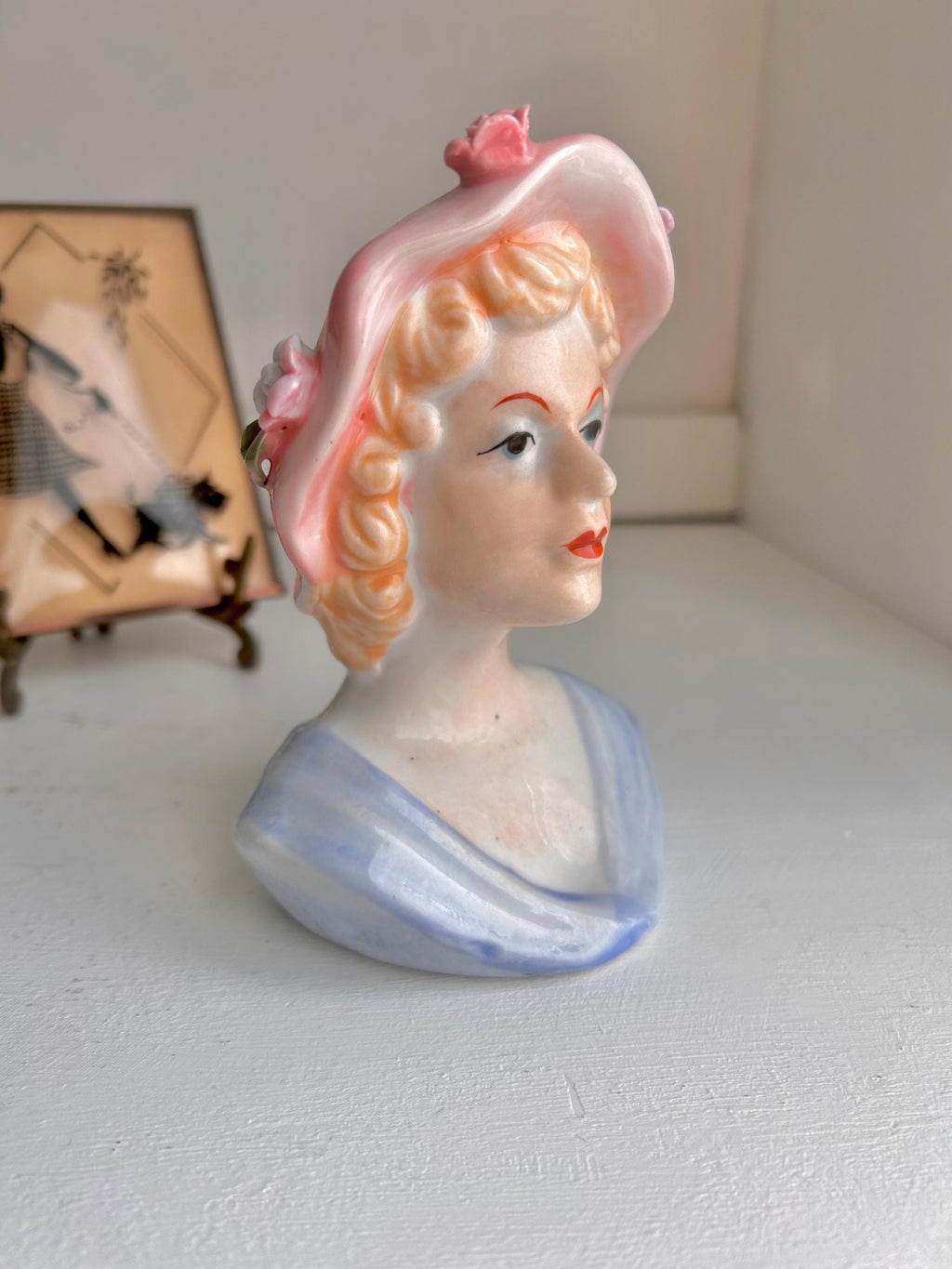 Vintage Lady Head Vase: Floral Pink Hat, Blonde Hair Ceramic Planter