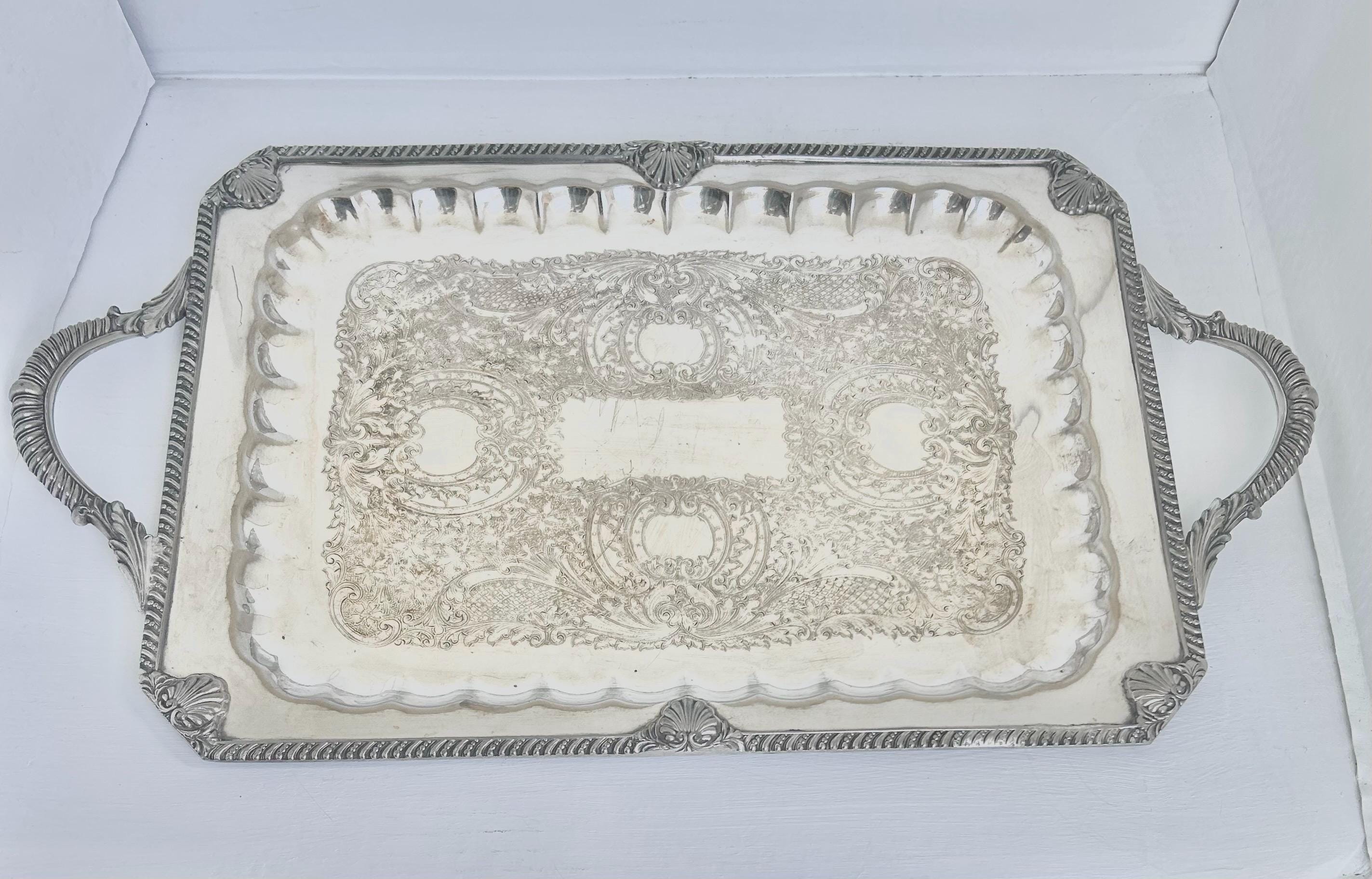 Vintage Silverplated Copper Tray: Neoclassical Seashell Rim, English Silver Co. - Vintage worn