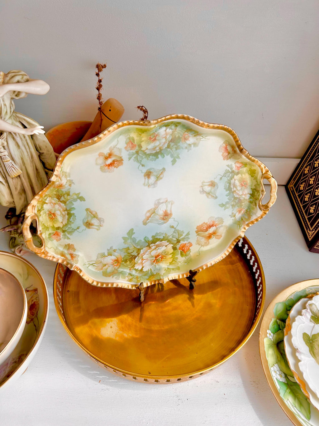Antique Royal Rudolstadt Prussia Porcelain Tray: Hand-Painted, Gold Trim