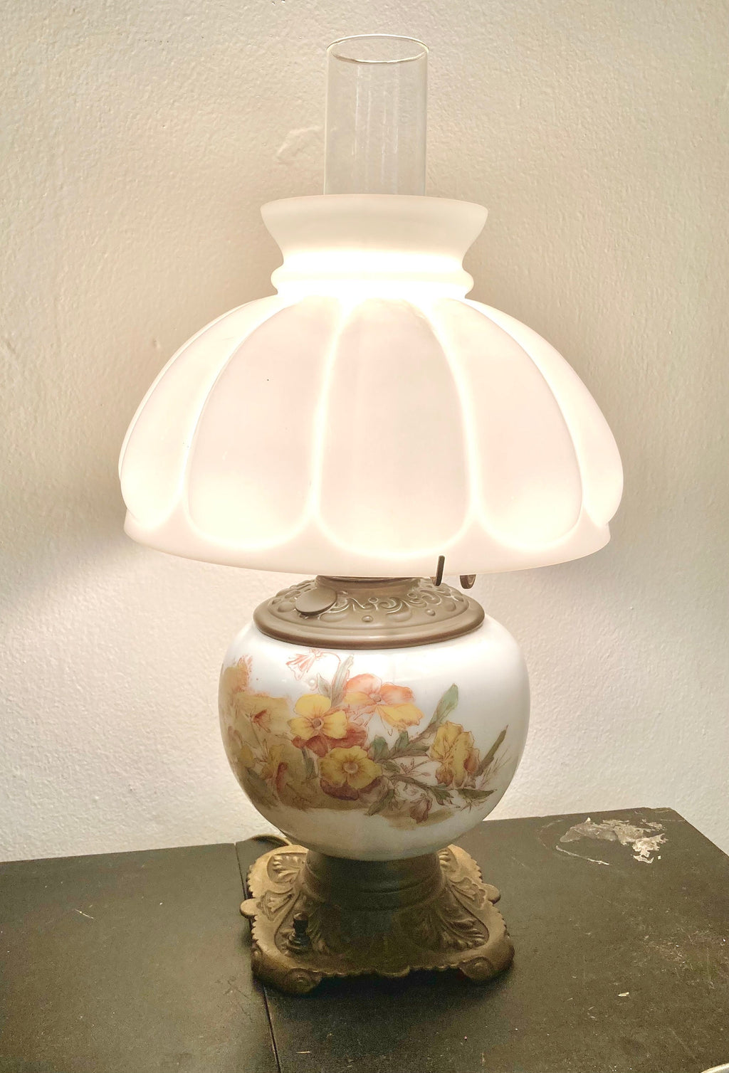 Vintage Floral Milk Glass Lamp - Converted Brass Oil Lamp