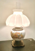 Vintage Floral Milk Glass Lamp - Converted Brass Oil Lamp
