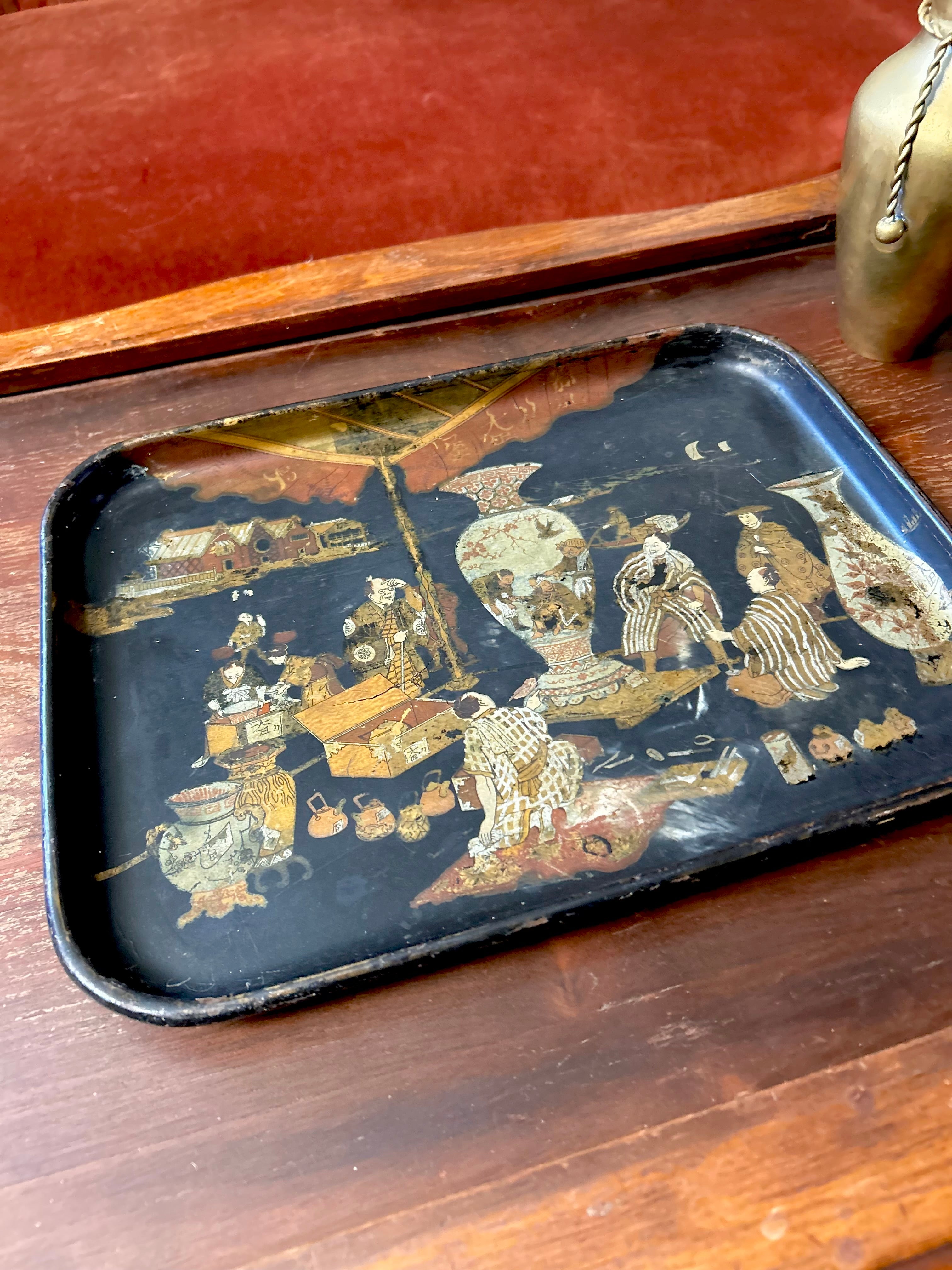 Antique 19th Century English Papier Mache Tray Chinoiserie Motif