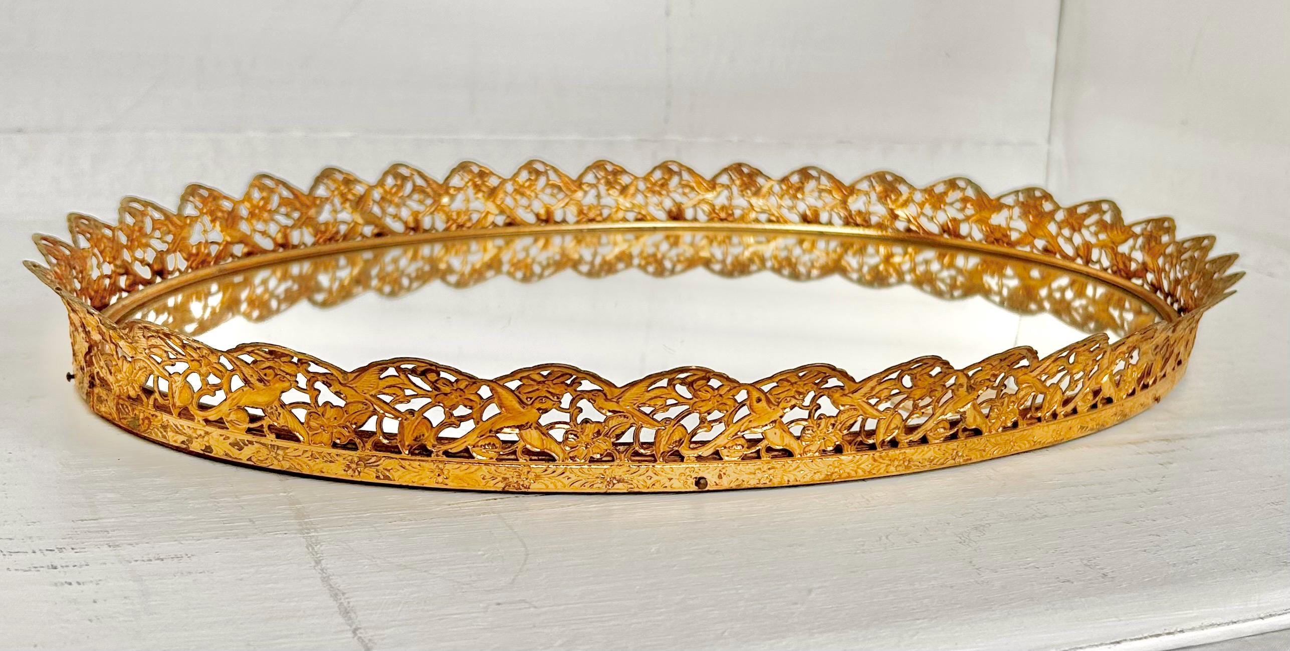 Vintage Gilt Oval Mirror Tray: Gold Floral Bird Frame