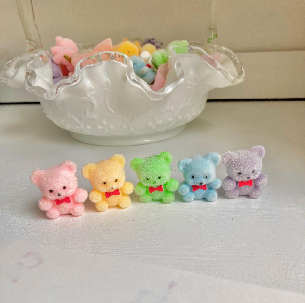Vintage Mini Flocked Bear Figurine: 1980s/90s Fuzzy Animal with Red Bowtie