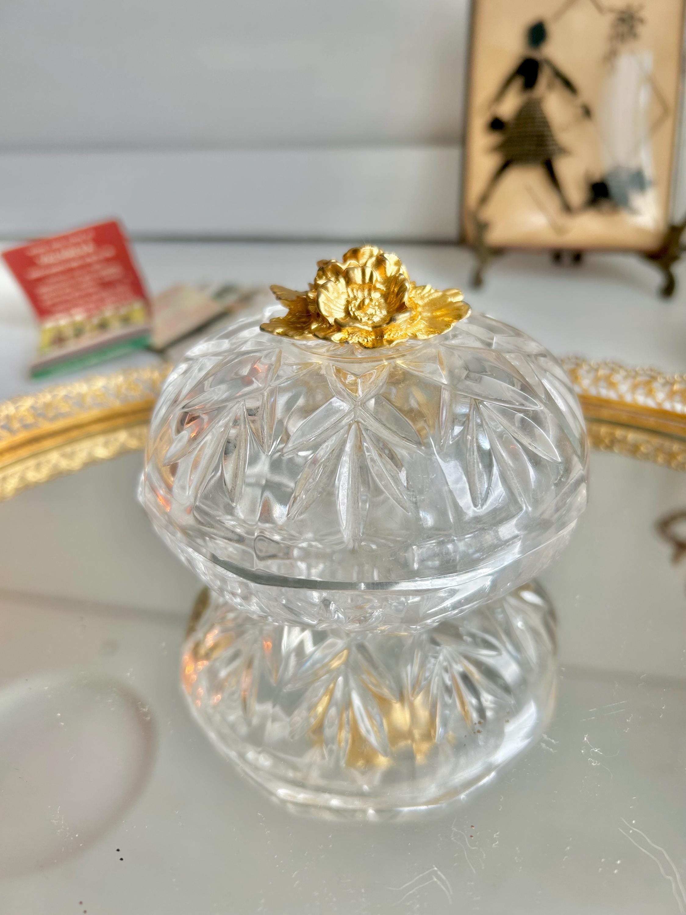 Vintage Italian Cut Crystal Trinket Dish: Gilt Floral Handle