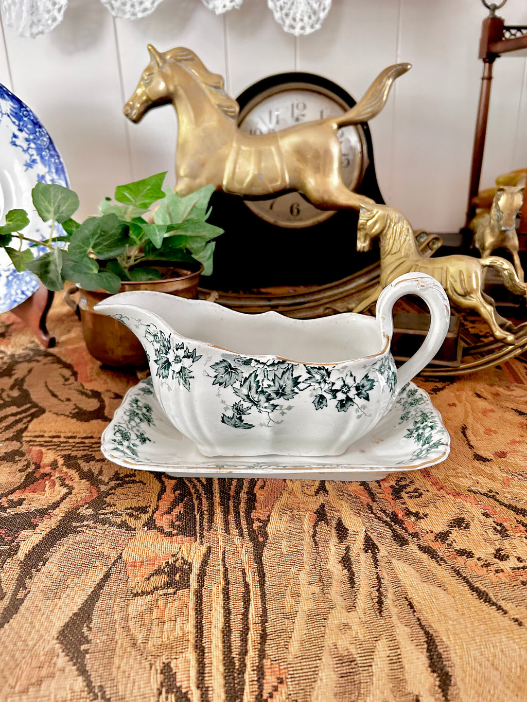 Antique Royal Vitreous Green White Transferware Gravy Boat with Underplate