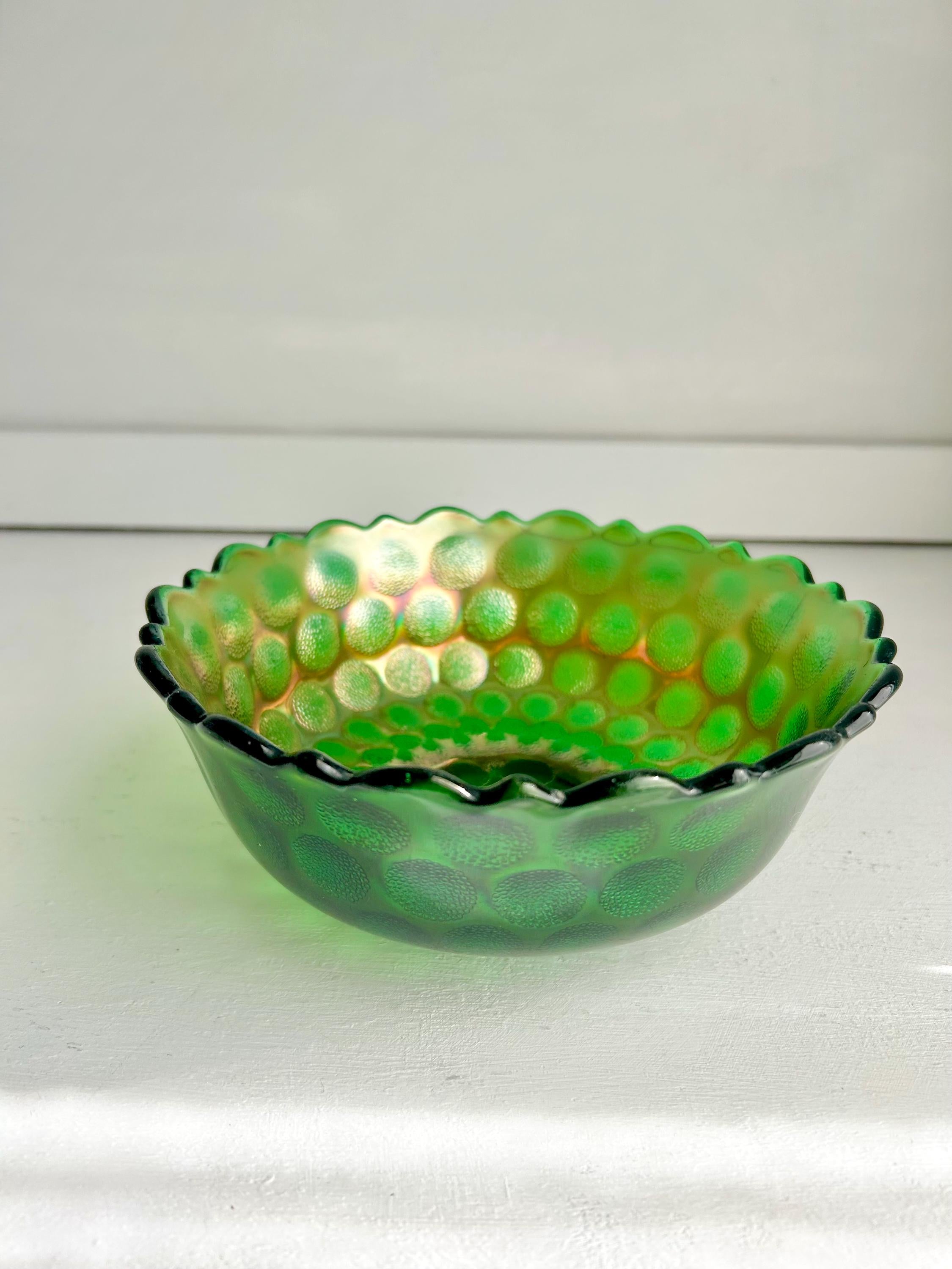 Vintage Fenton Emerald Carnival Glass Bowl: Coin Dot Pattern, Sawtooth Rim