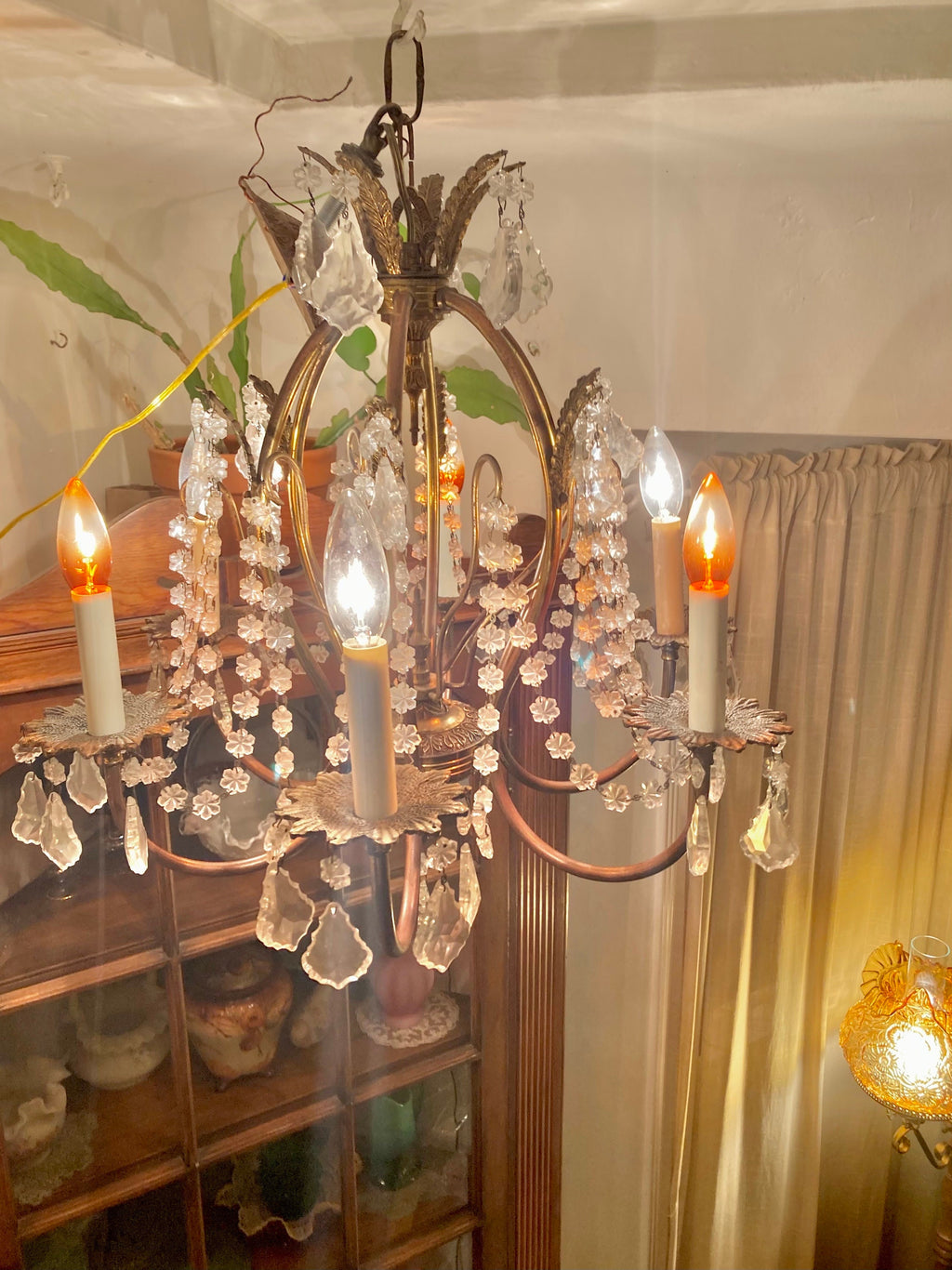 Vintage 1970s Brass and Cut Glass 6-Lamp Opulent Chandelier - Made in Spain