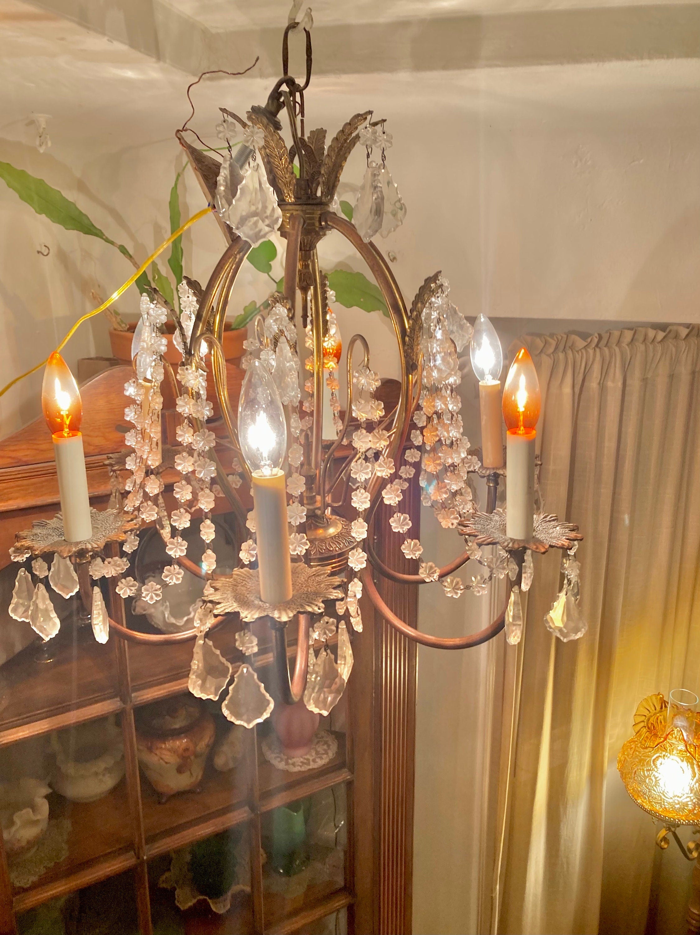 Vintage 1970s Brass and Cut Glass 6-Lamp Opulent Chandelier - Made in Spain