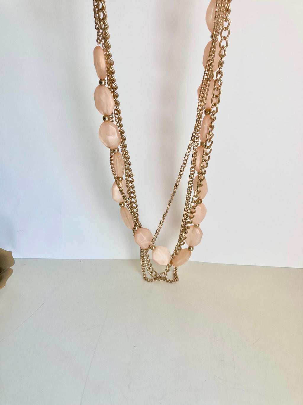 34" vintage Gold Tone Chain and Blush Pink Gem-Cut Beaded 4-Layered Necklace