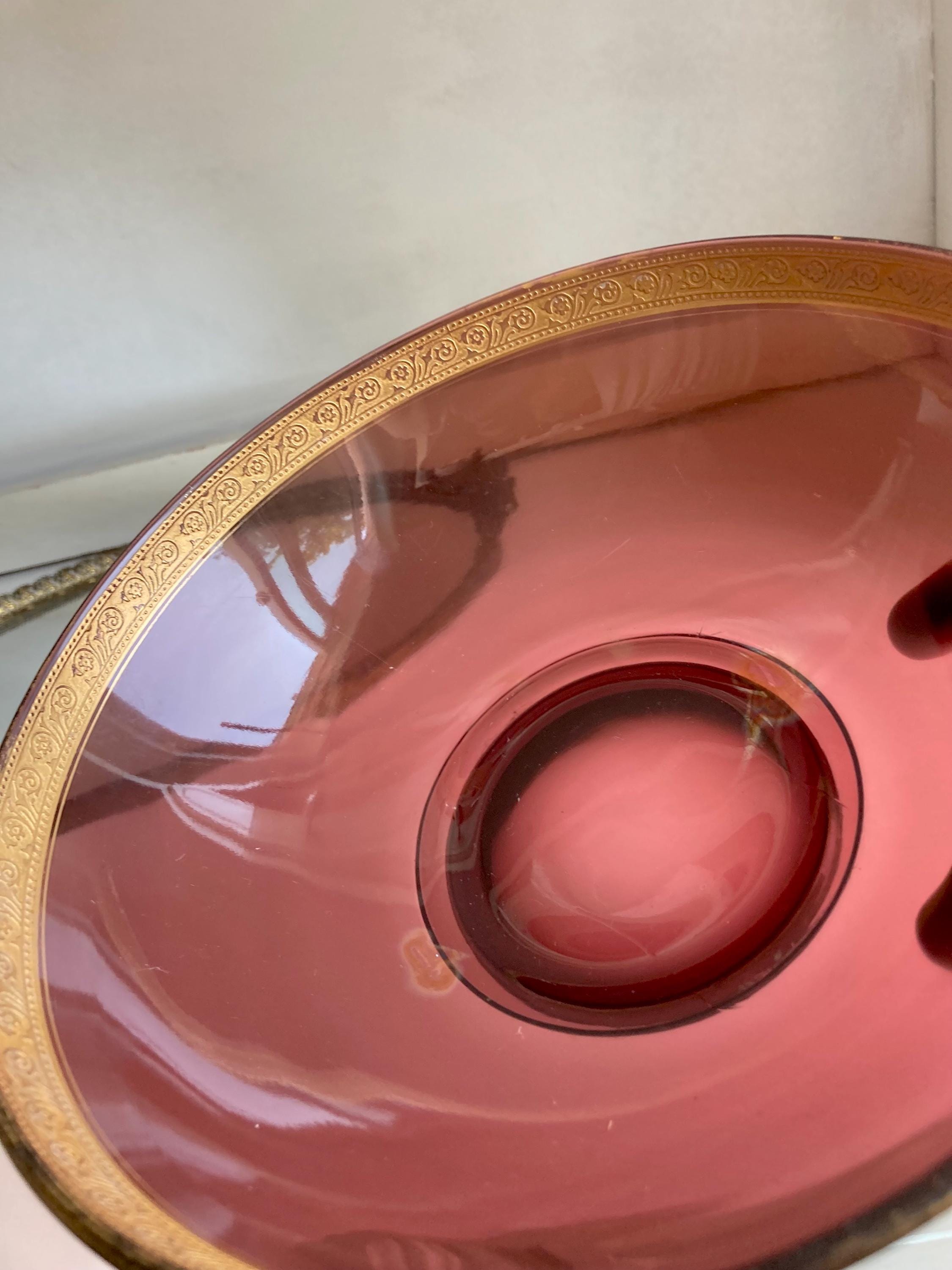 Vintage Purple Amethyst glass 8.75” serving bowl with Ornate Gilt Rim - Worn Finish