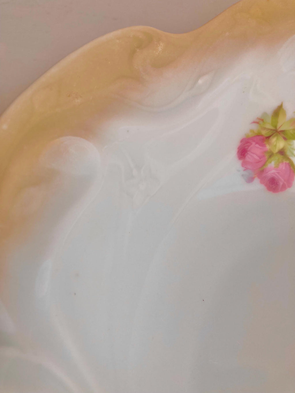 Vintage Bavarian Porcelain Bowl: Floral Appliqué, Luster Ruffled Rim