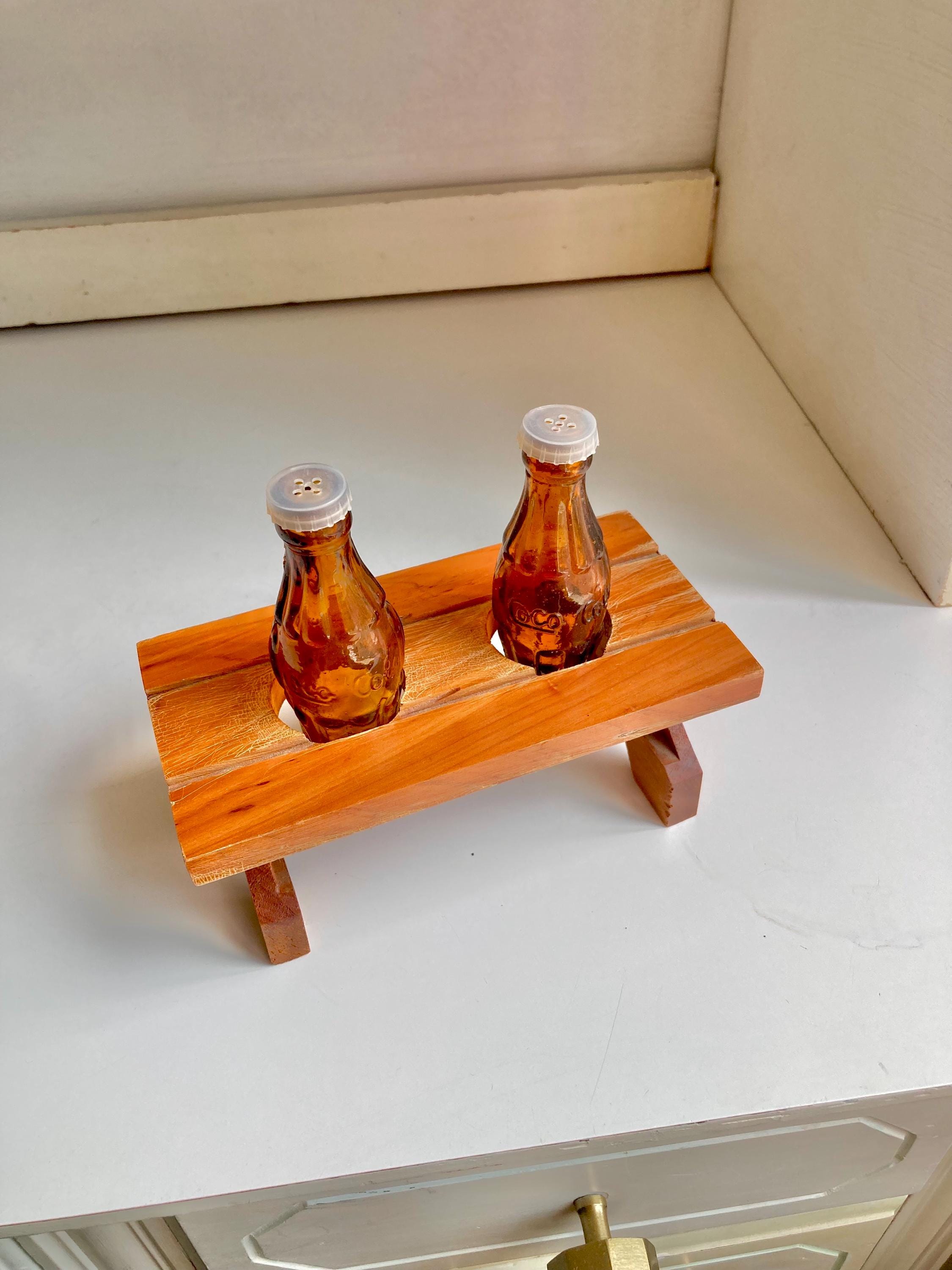 Vintage Salt and Pepper Shaker Set with Coca Cola Bottles and wooden Picnic Table