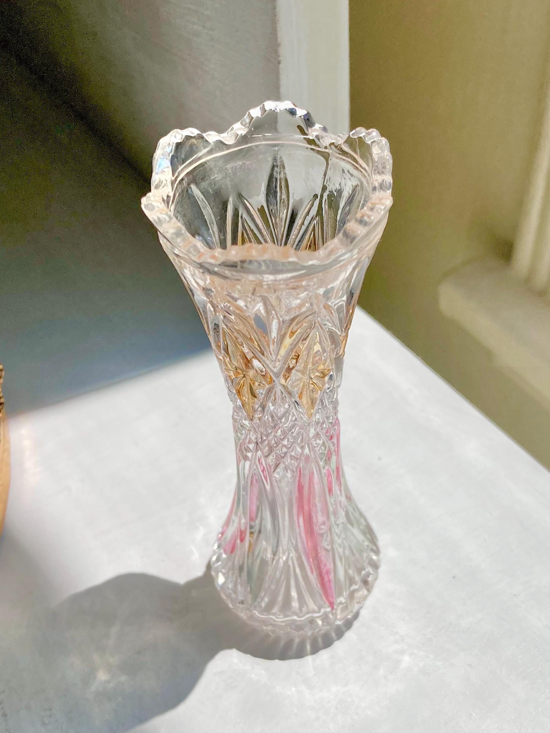 Vintage Pressed Glass Bud Vase - Fluted Ruffled Rim, Diamond Cut