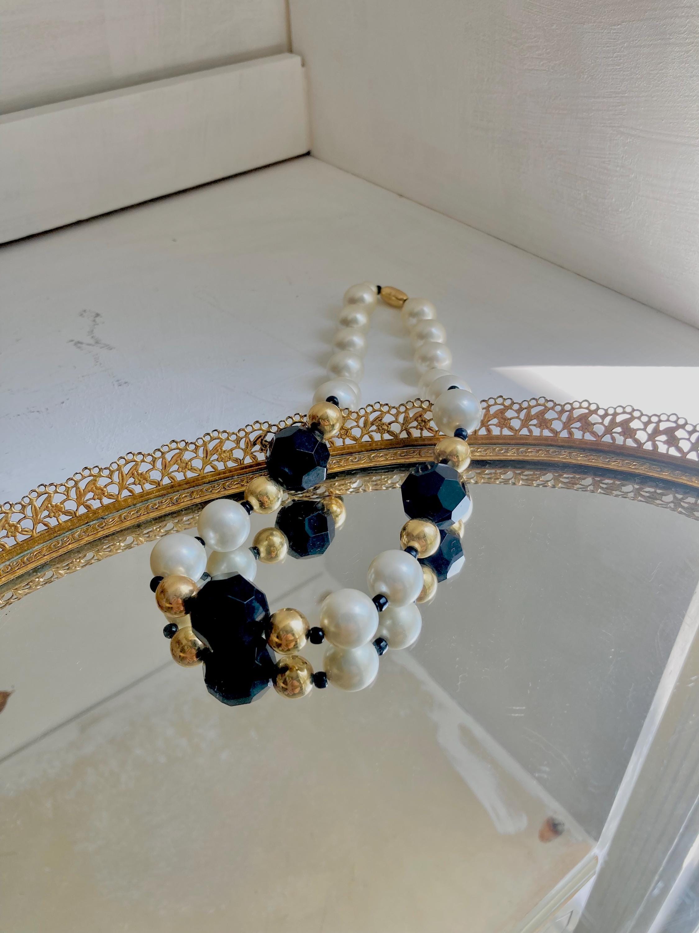 1980s AVON Beaded Necklace: Faux Pearls & Black Beads