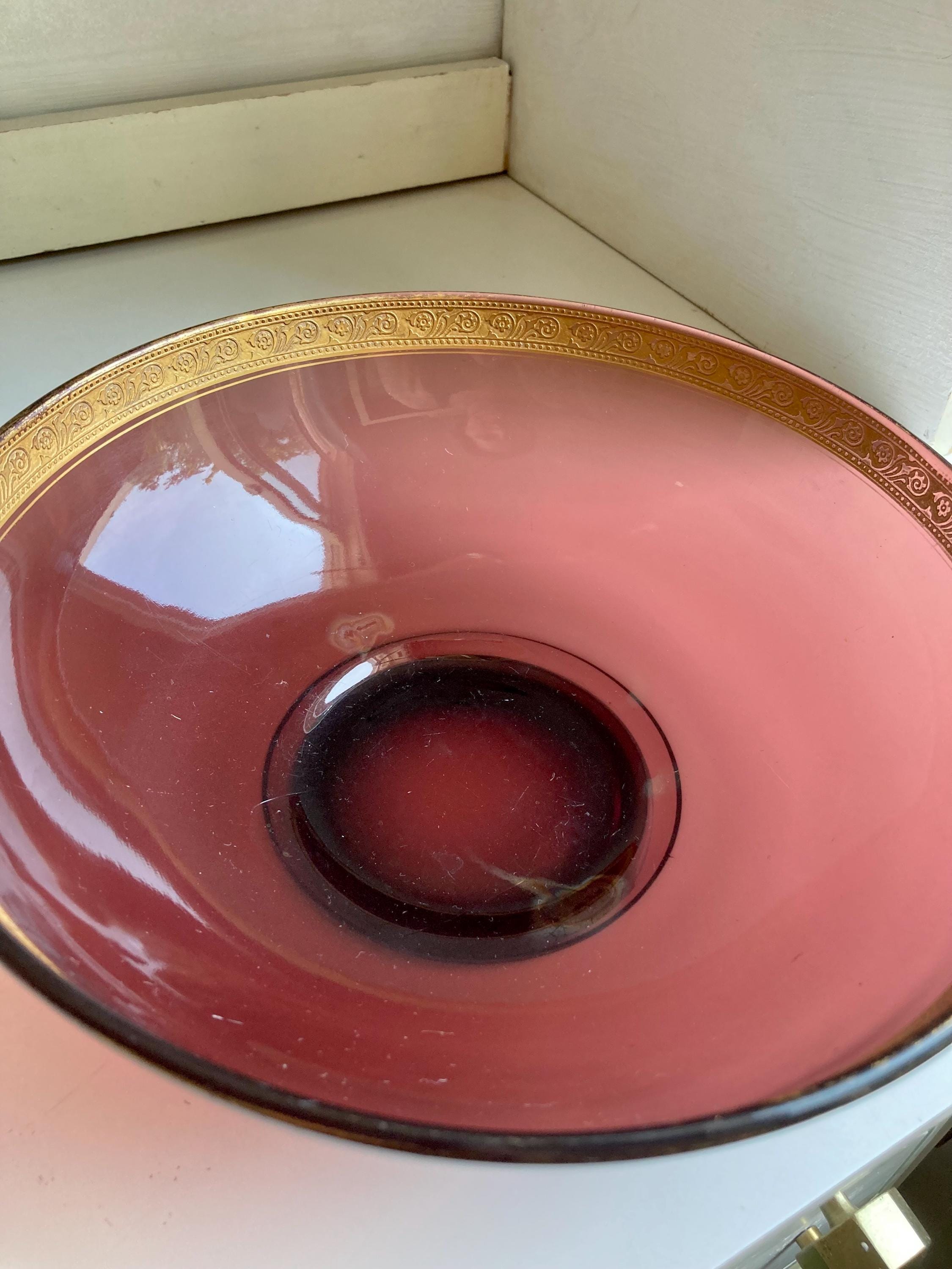 Vintage Purple Amethyst glass 8.75” serving bowl with Ornate Gilt Rim - Worn Finish