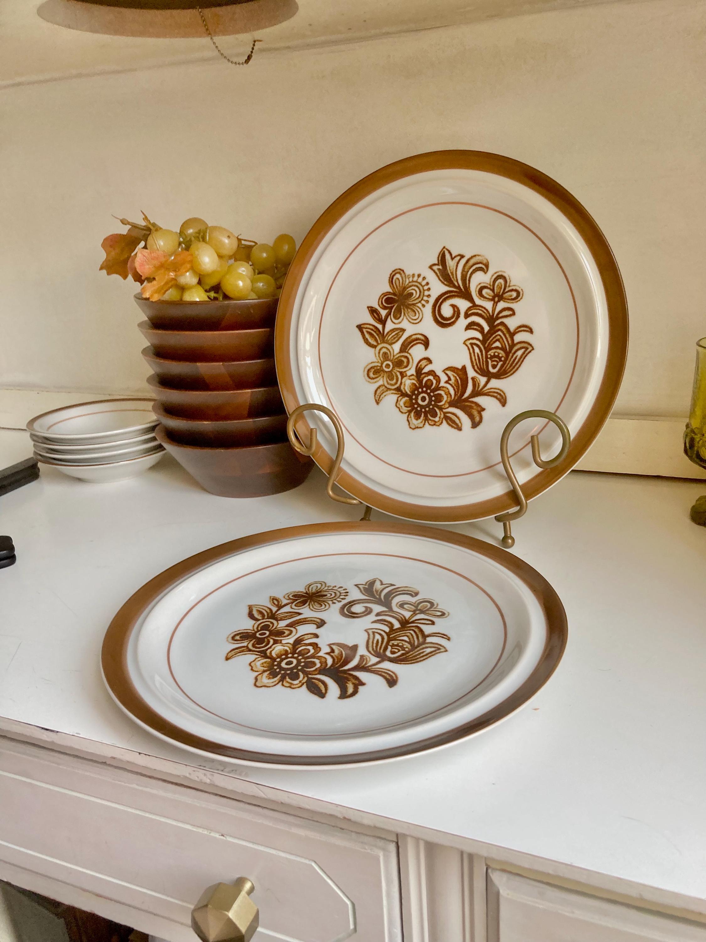 Vintage Monterrey Stoneware Dinner Plates - Brown Floral Set of 2