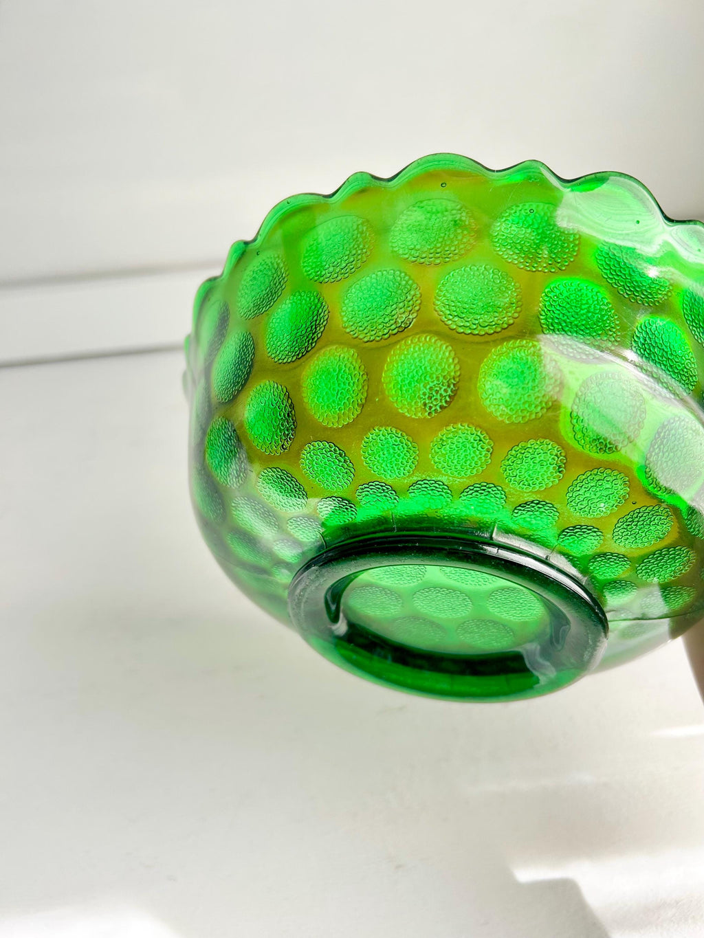 Vintage Fenton Emerald Carnival Glass Bowl: Coin Dot Pattern, Sawtooth Rim