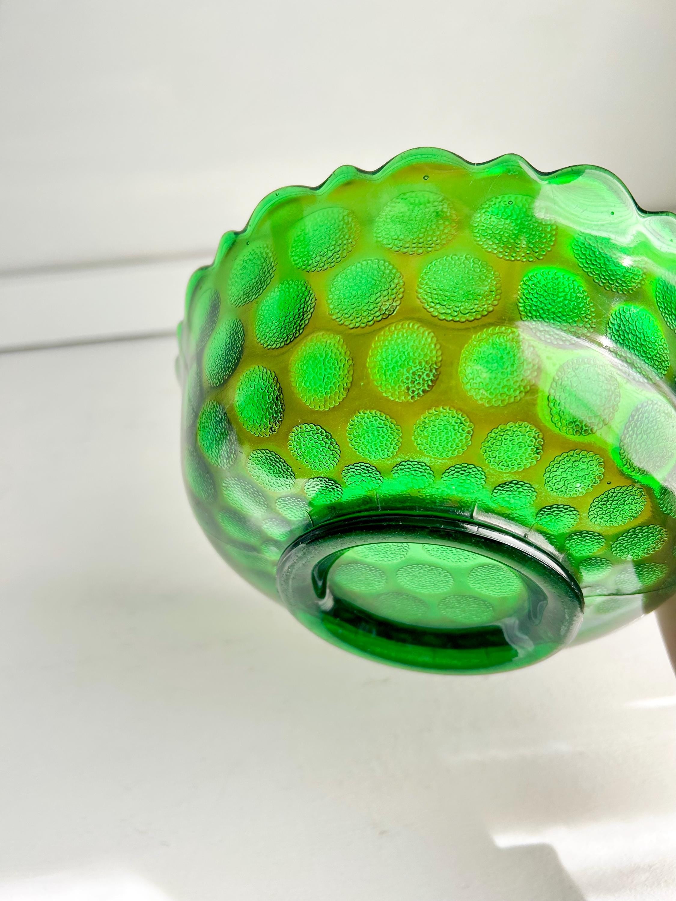Vintage Fenton Emerald Carnival Glass Bowl: Coin Dot Pattern, Sawtooth Rim