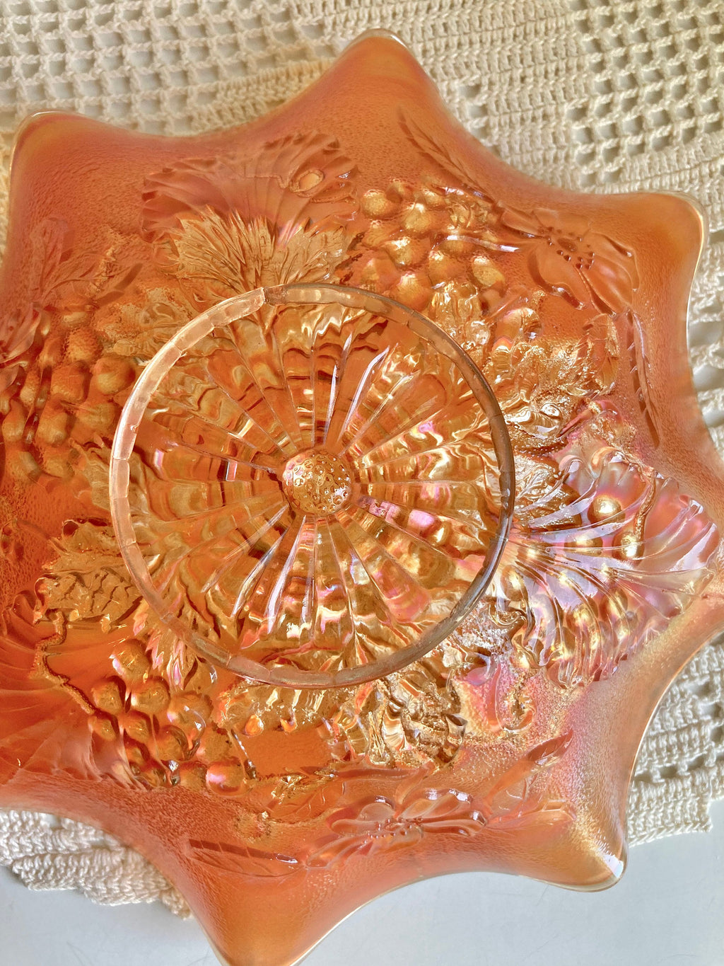 Antique Northwood Marigold Carnival Glass Ruffled Bowl: Grape Cable & Blossom Palm, c. 1910