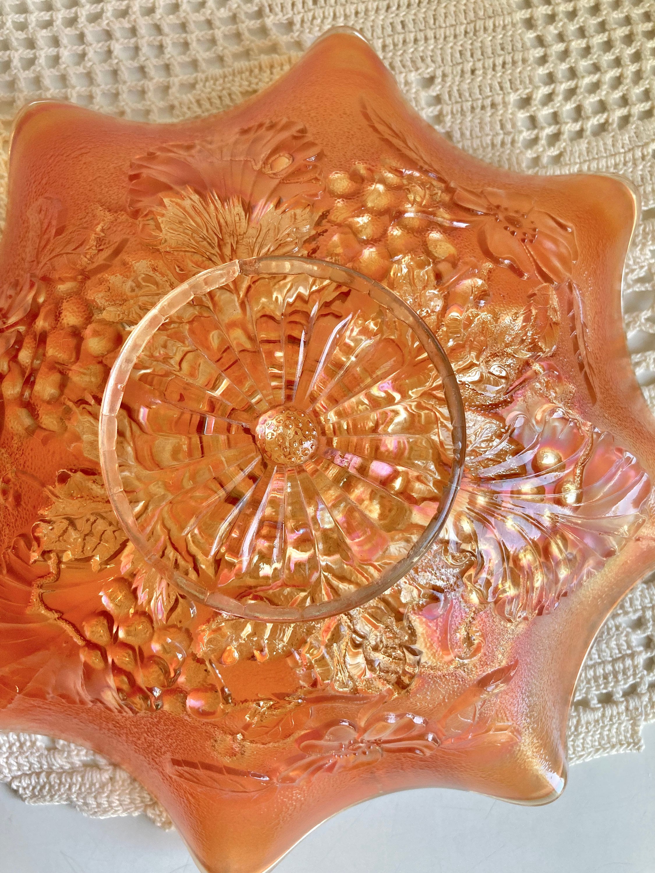 Antique Northwood Marigold Carnival Glass Ruffled Bowl: Grape Cable & Blossom Palm, c. 1910