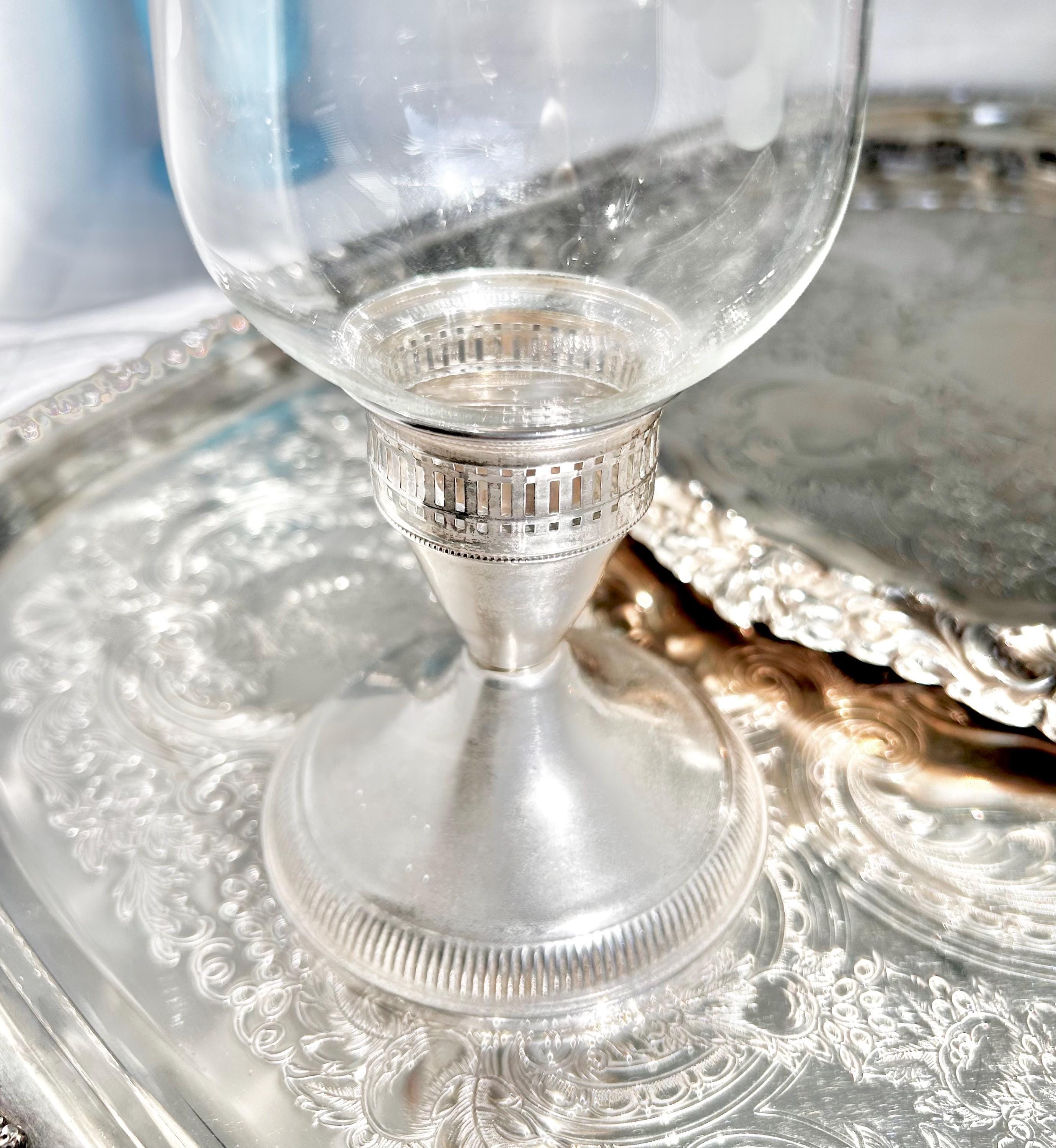Vintage Weighted Sterling Silver Hurricane Candle Holder with Etched Grape Shade