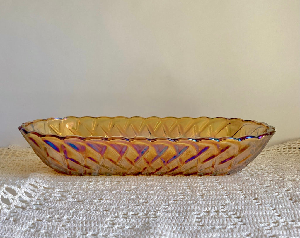 Vintage Amber Carnival Glass Bread Bowl: Indiana Glass Lattice Basketweave