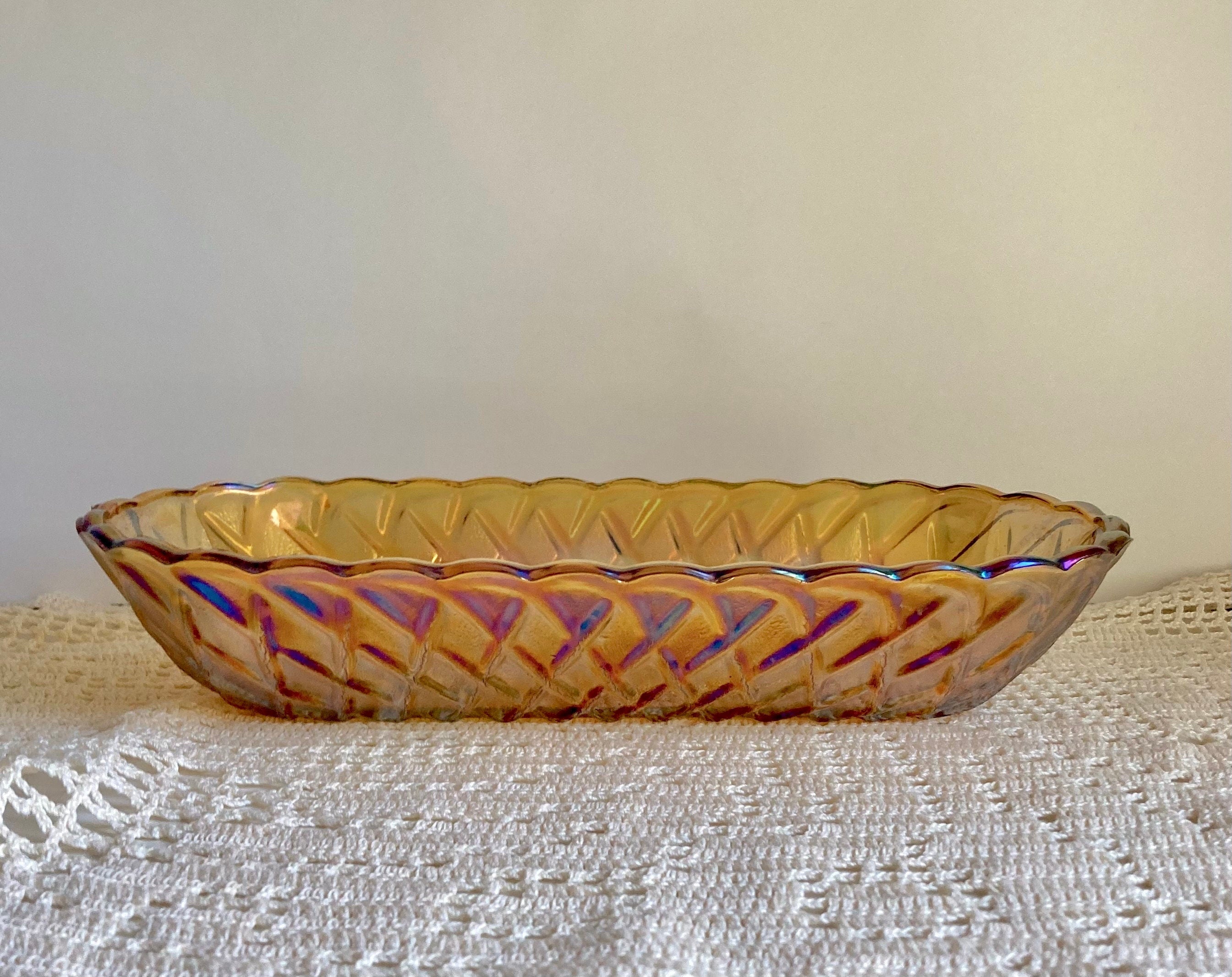 Vintage Amber Carnival Glass Bread Bowl: Indiana Glass Lattice Basketweave