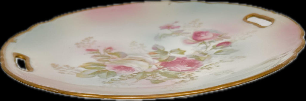 Vintage Round Porcelain Transferware Platter with Open Handles, Roses, Gold Trim