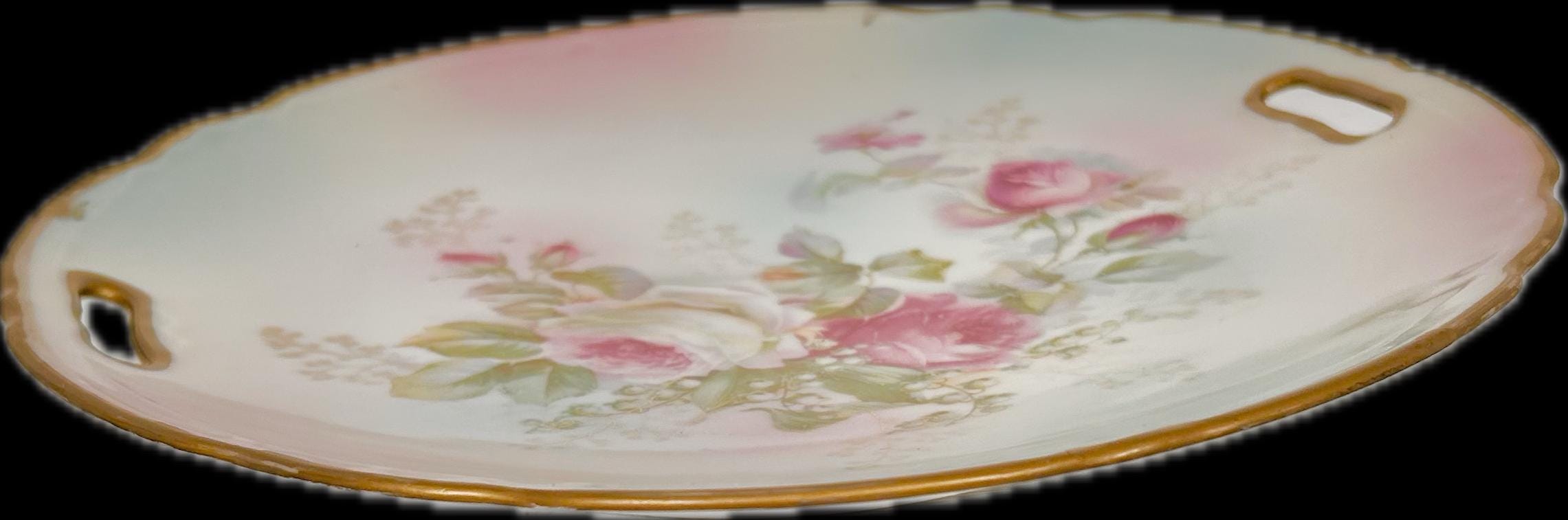 Vintage Round Porcelain Transferware Platter with Open Handles, Roses, Gold Trim