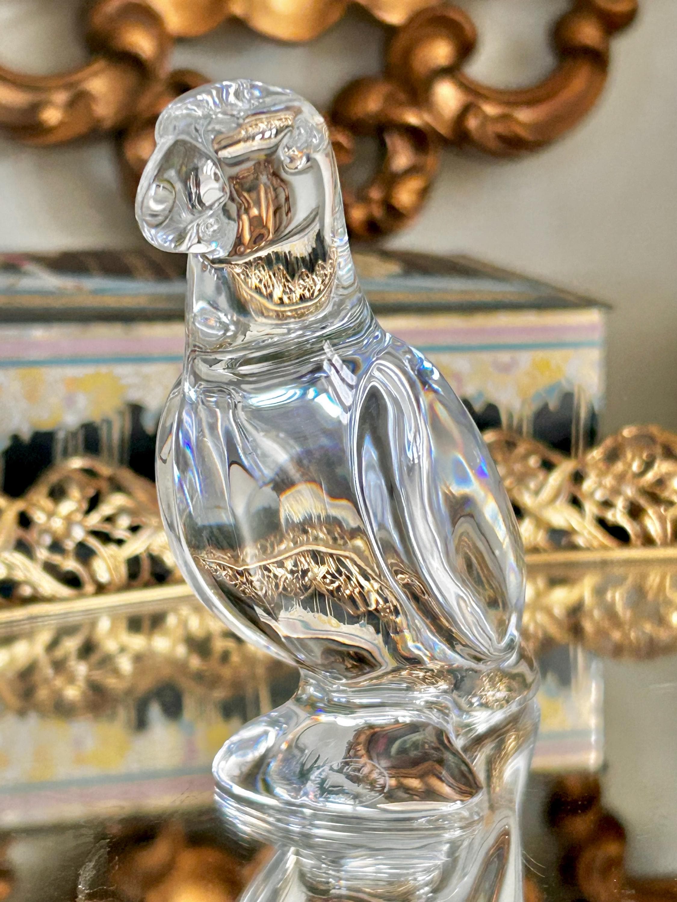 Vintage Baccarat, France Solid Crystal Glass Parrot Figurine, Clear