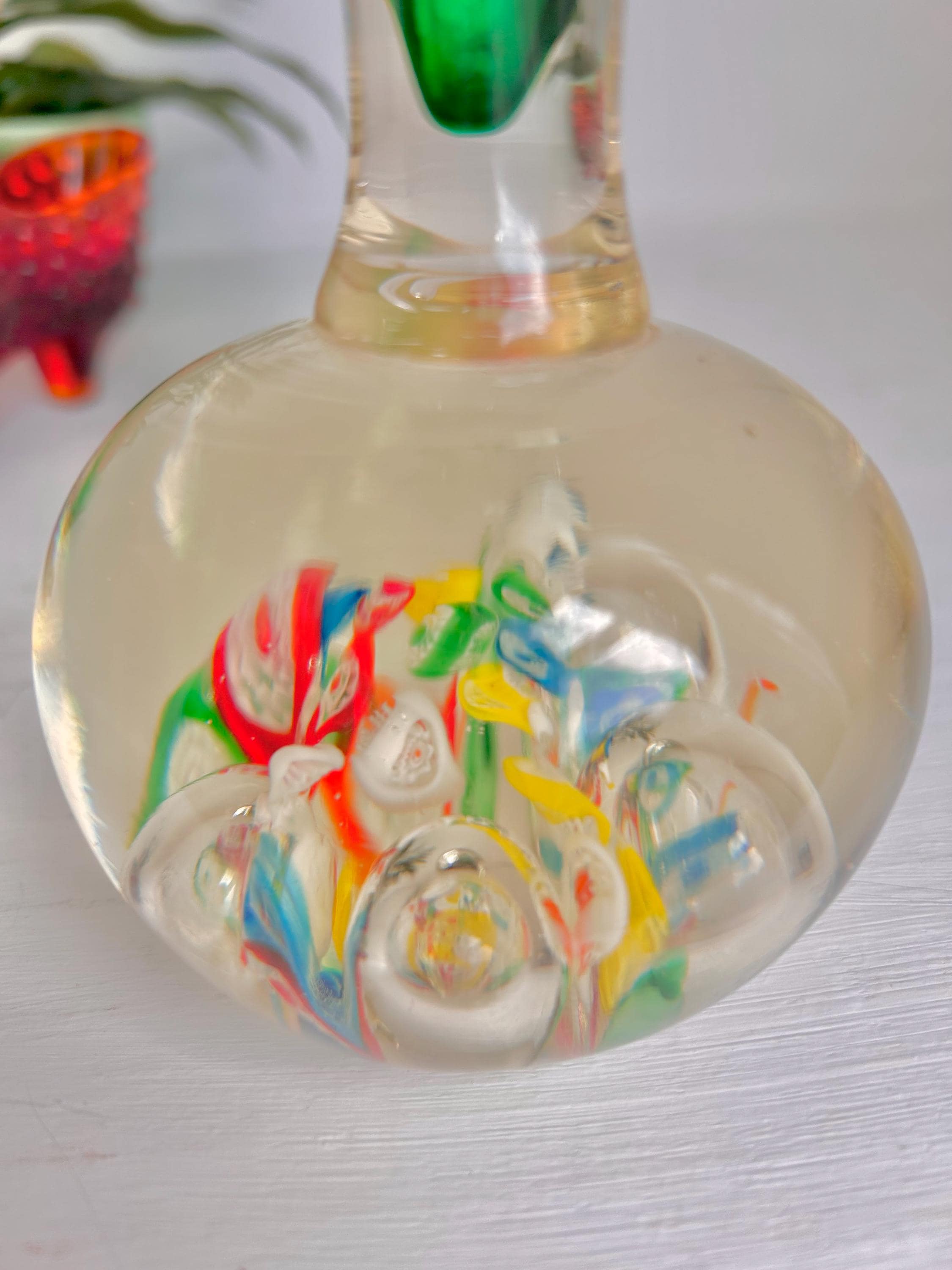 Vintage Kreis Art Glass Vase: Millefiori & Emerald Green Fluted Rim