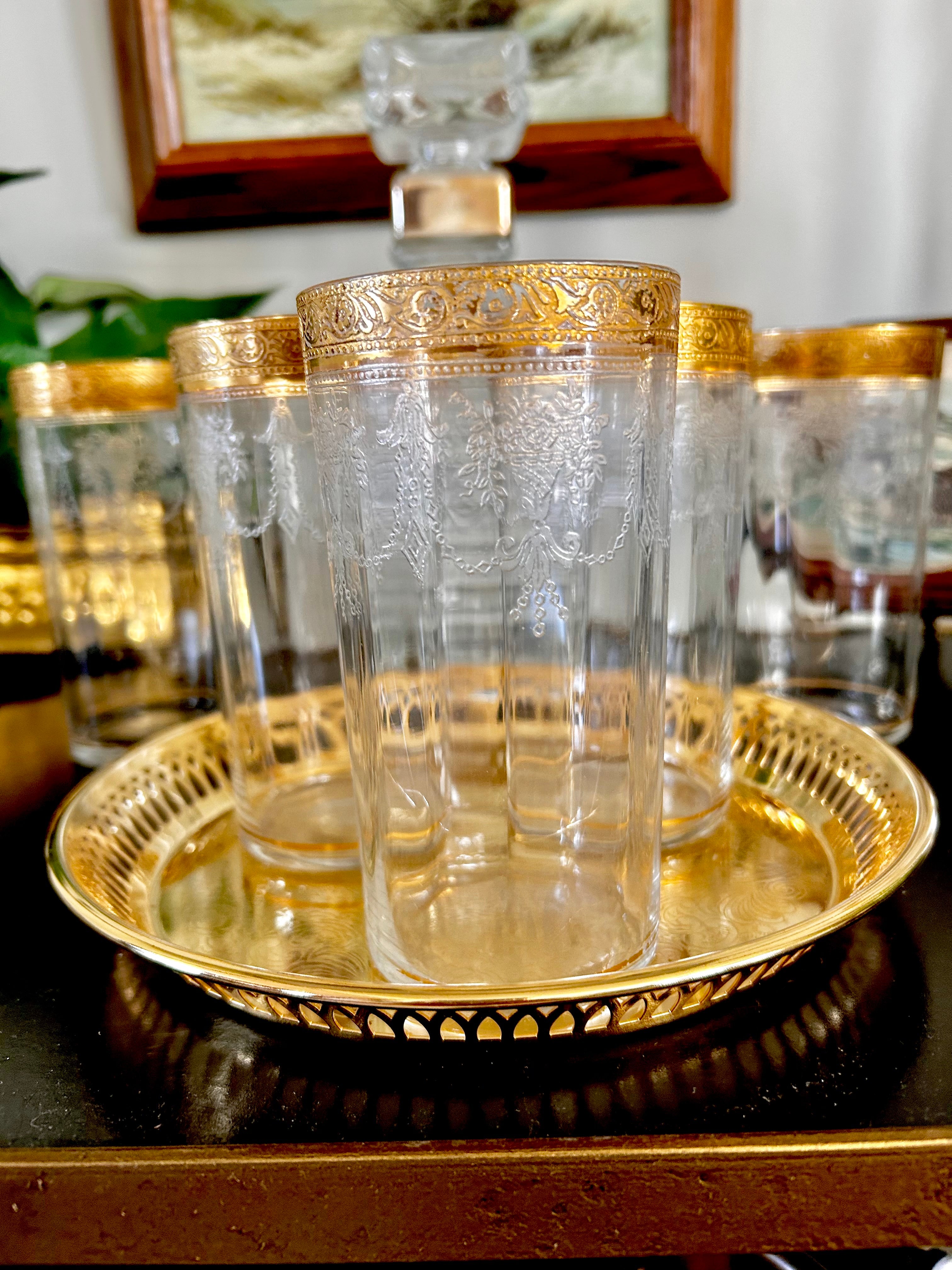 Midcentury Tiffin Ribbed Gilt Glass Tumblers set of 6