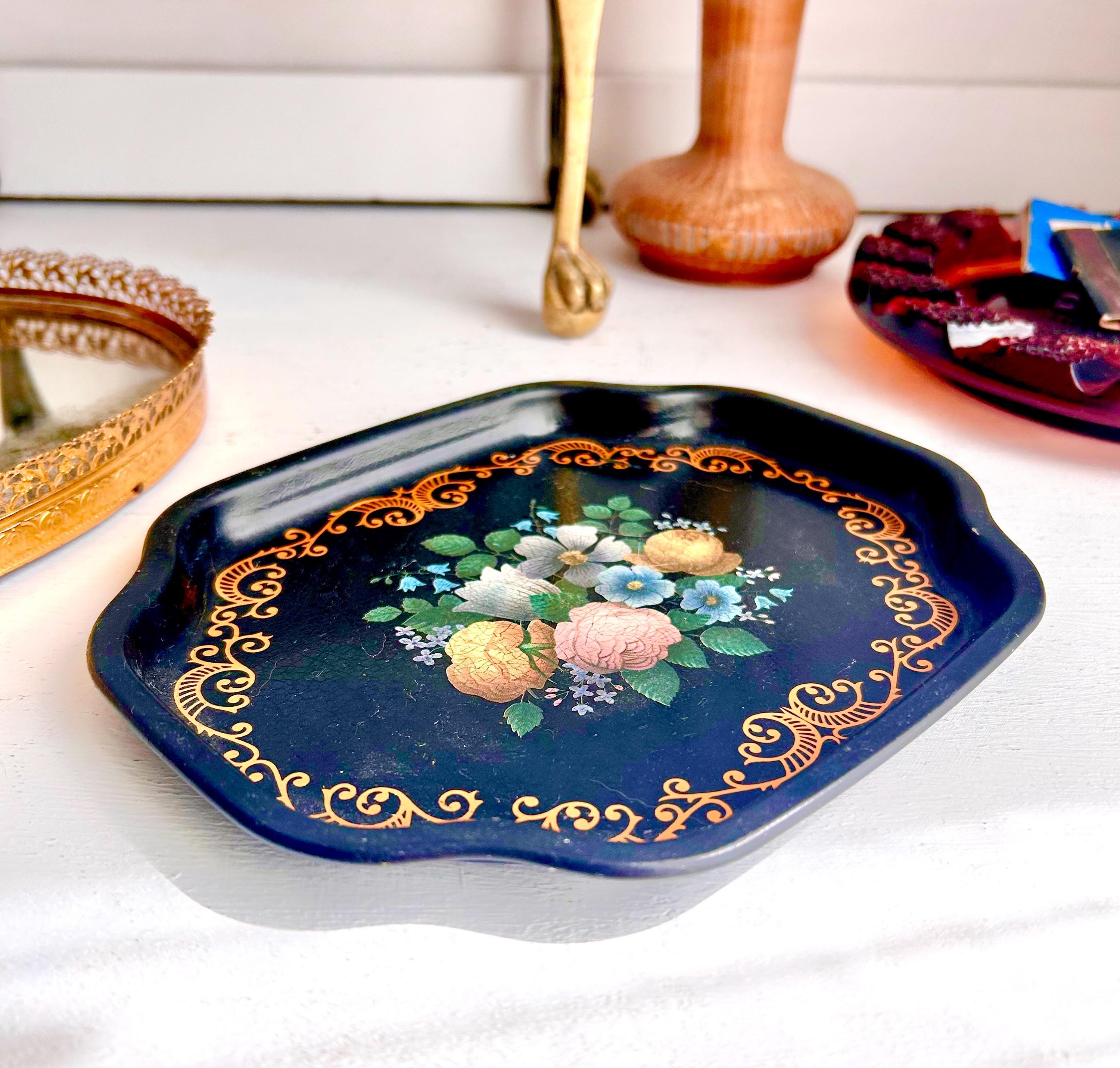 Vintage Floral Tray: Black & Gold Filigree, Made in England (7 Inch)