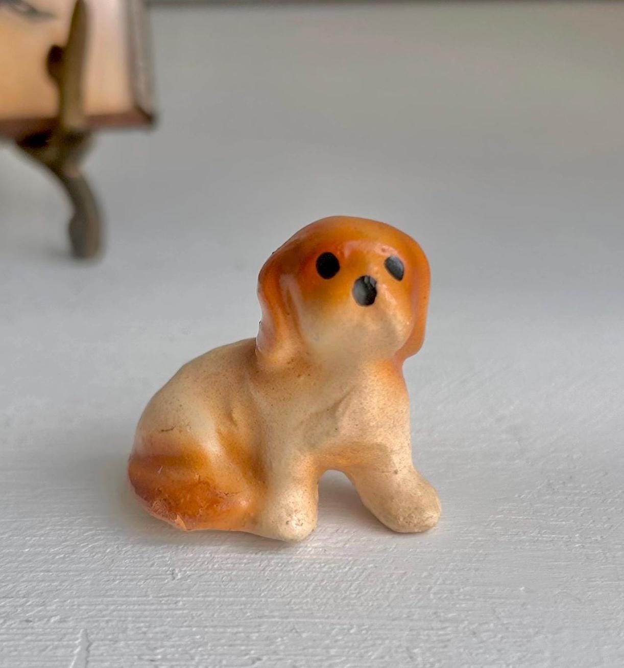 Vintage Teensy Ceramic Tawny Pup - Hand painted dog figurine 1 inch seated pup