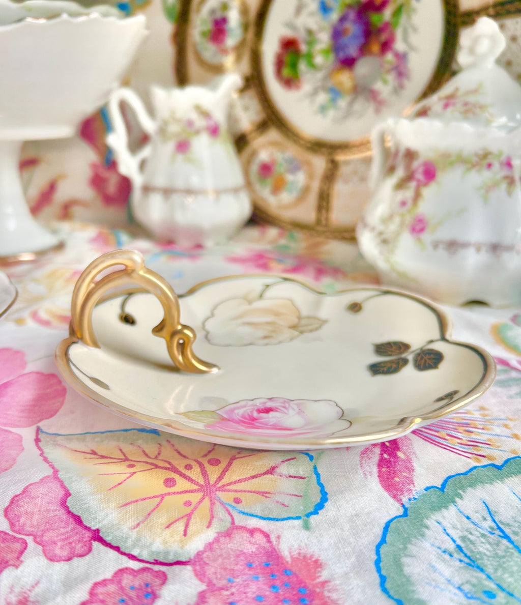 Vintage Bavaria Porcelain Finger Loop Plate: Floral Rose Serving Dish
