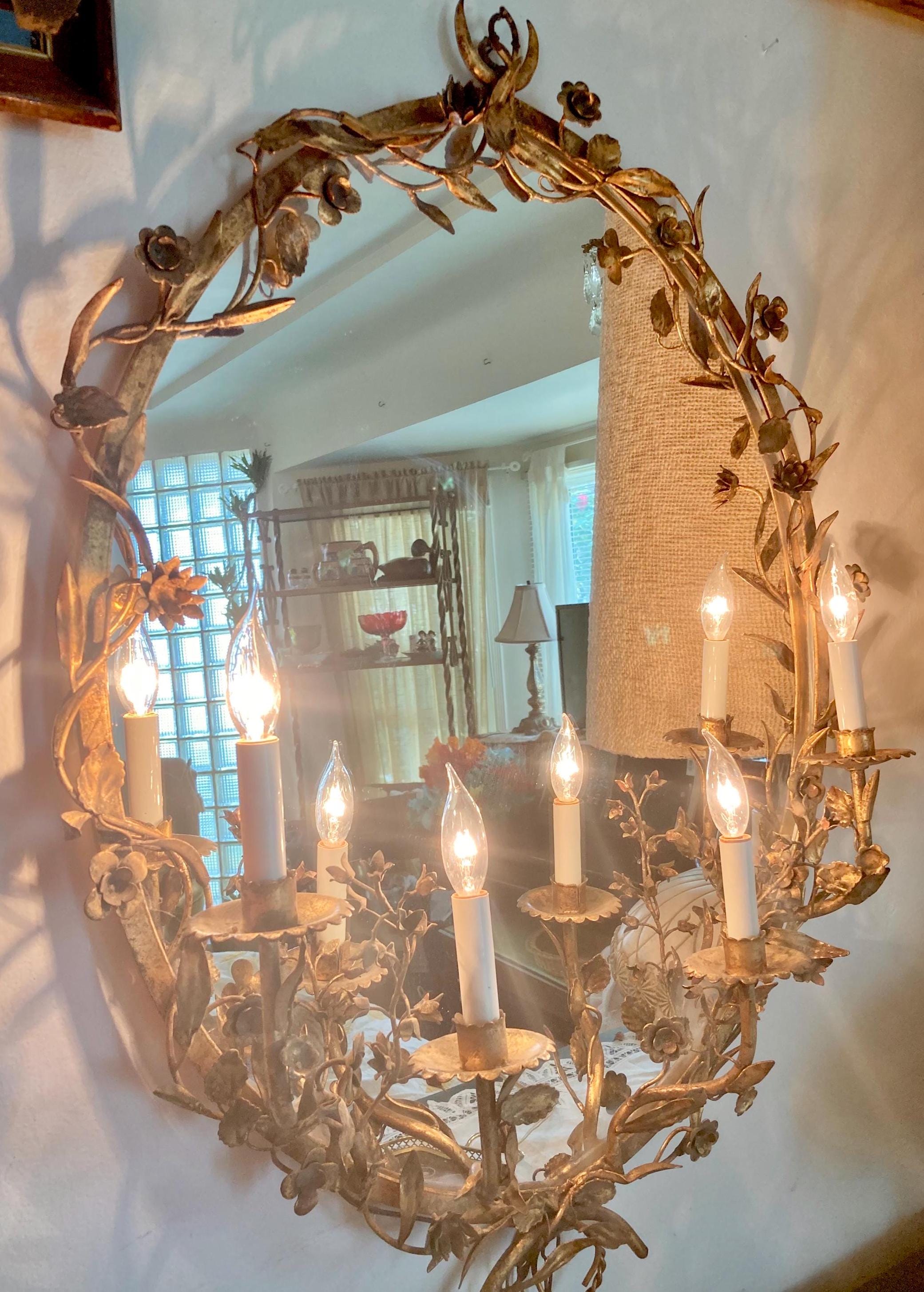 Vintage Gilt Floral Garland Framed Electric-Lighted Wall-hanging Mirror: Gold Floral Oval Frame with Four Candle Style Lamps-Ready to Hang