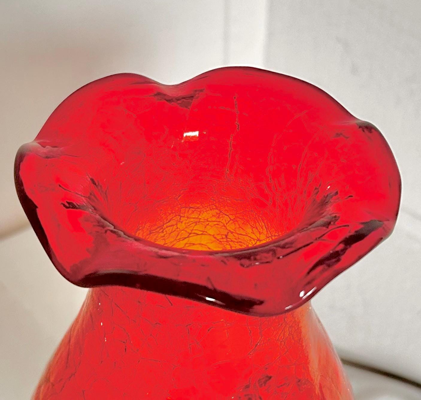 Vintage Amberina Crackle Glass Hurricane Lamp: Brass Base, Ruffled Shade