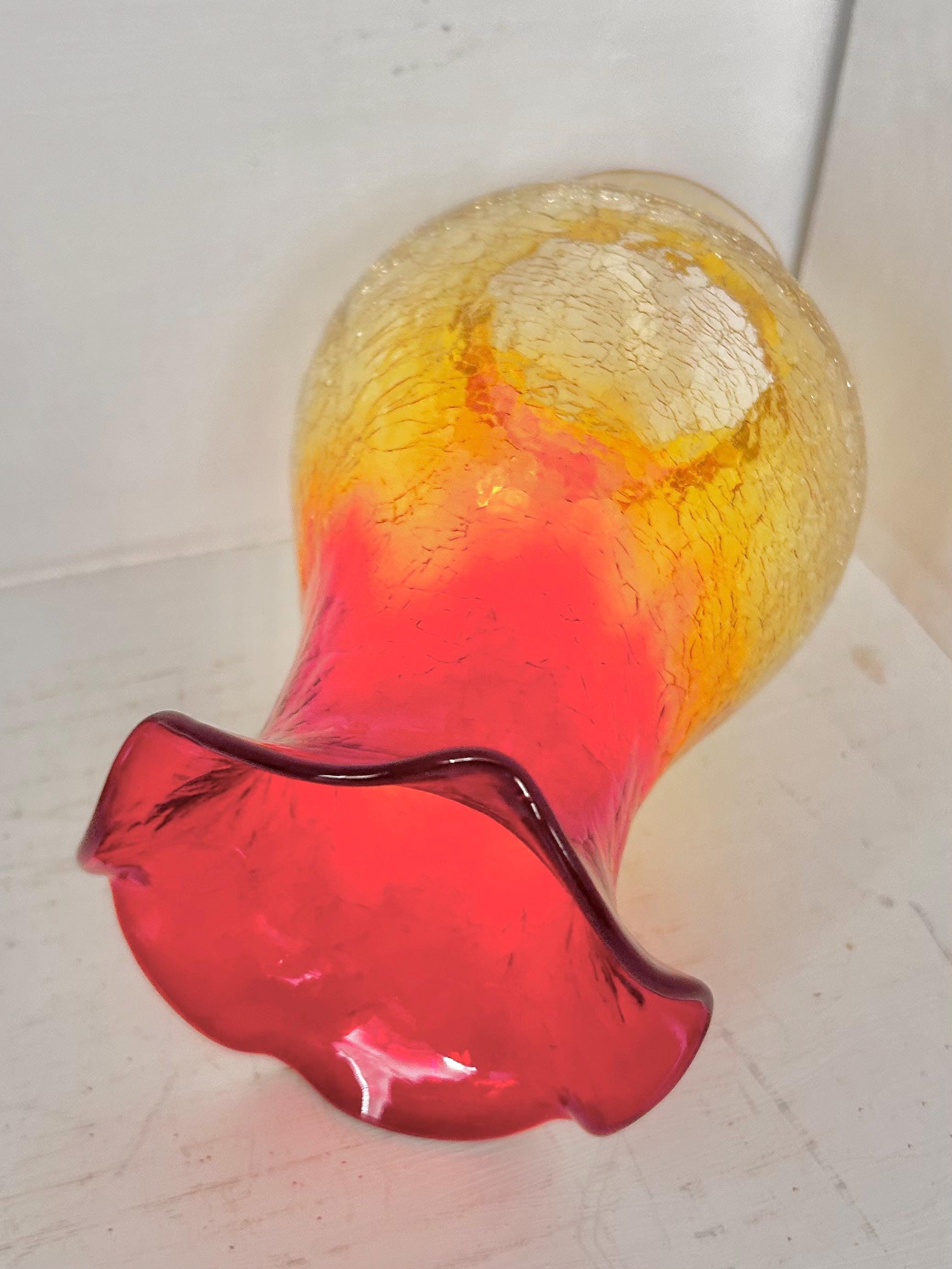 Vintage Amberina Crackle Glass Electric Hurricane Lamp: Brass Base, Ruffled Shade