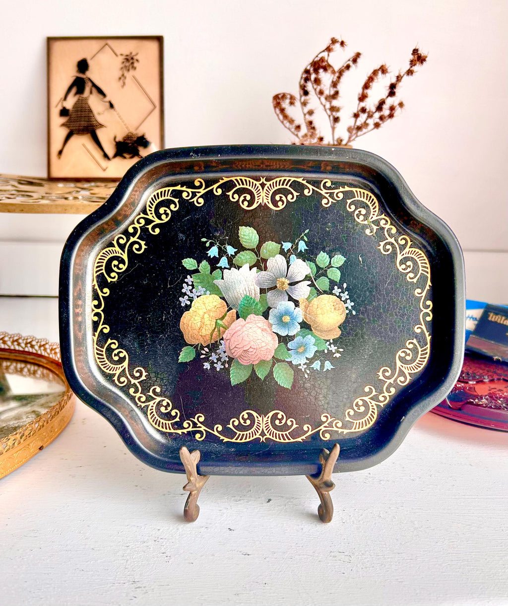 Vintage Floral Tray: Black & Gold Filigree, Made in England (7 Inch)